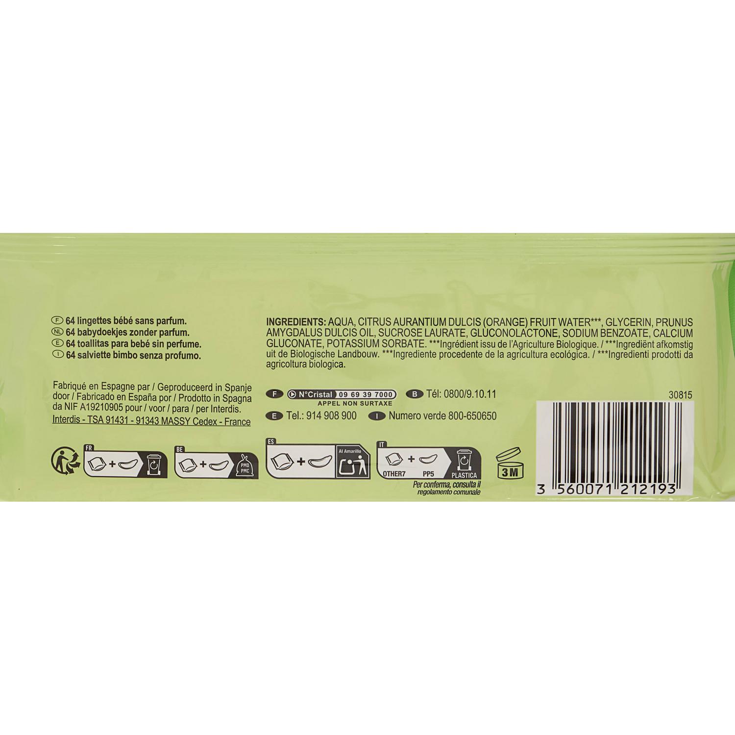 Toallitas para bebé sin perfume ecológicas Carrefour Bio 64 ud.