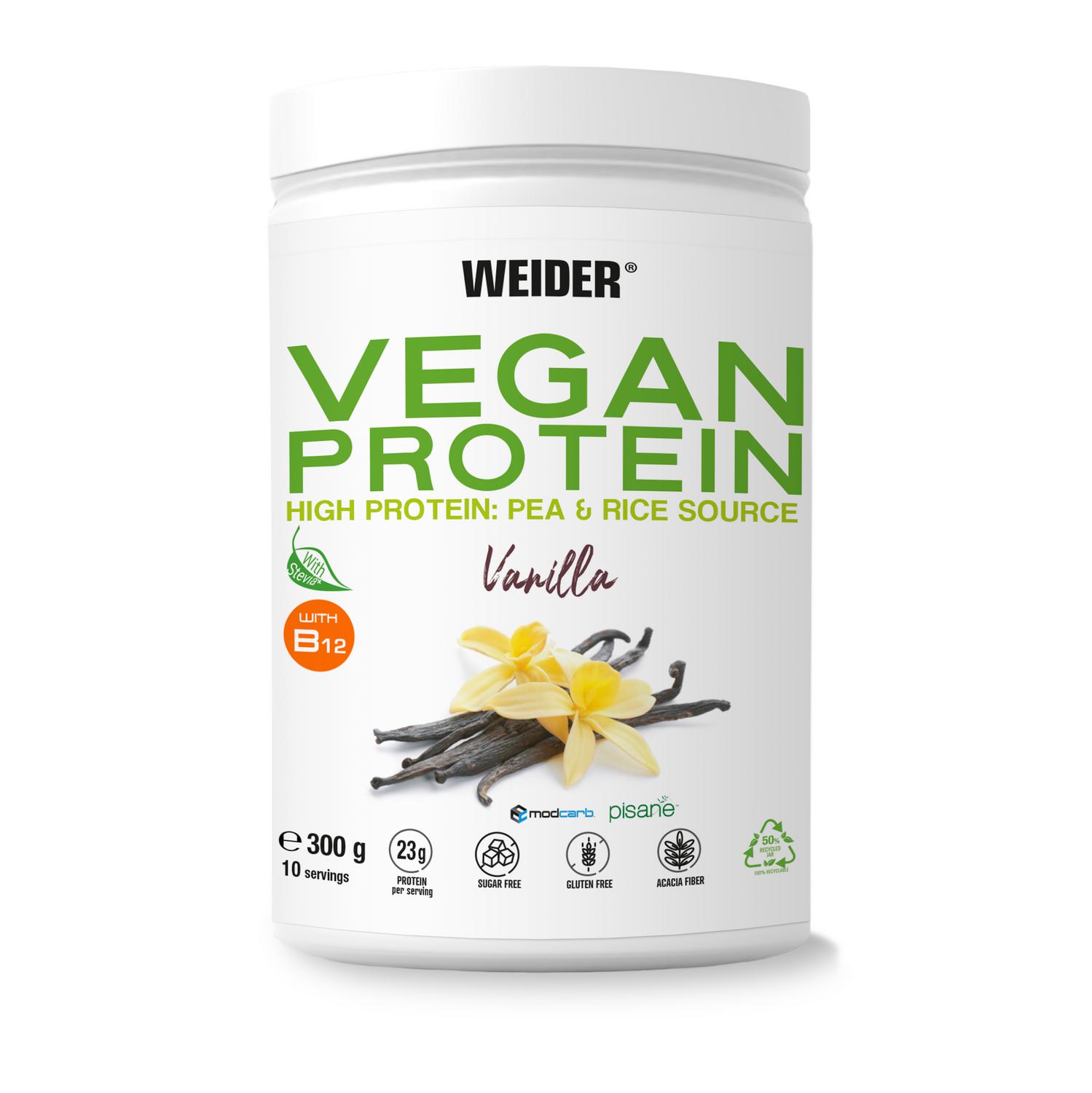 Proteína vegana de vainilla Weider sin gluten 300 g.