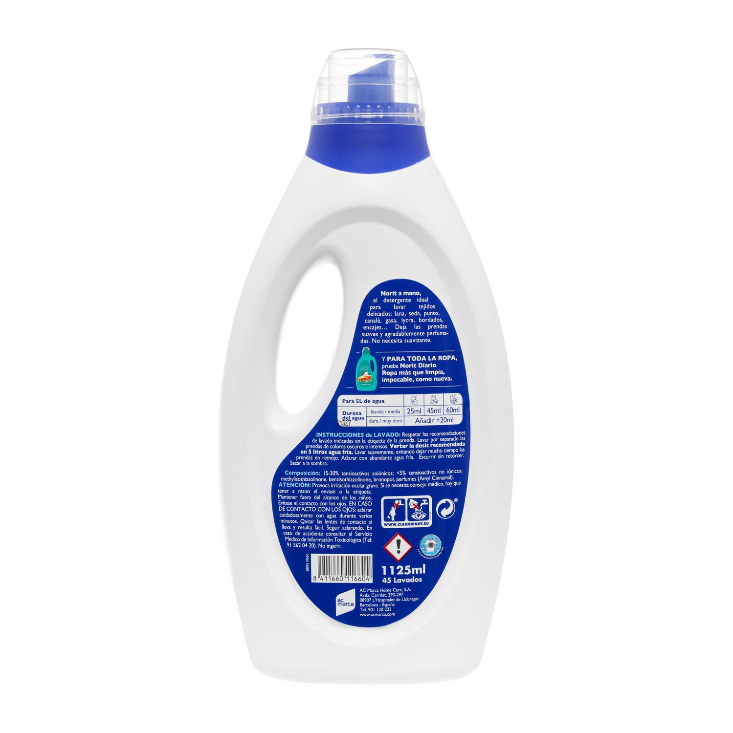 Detergente líquido delicado a mano Norit 45 lavados.
