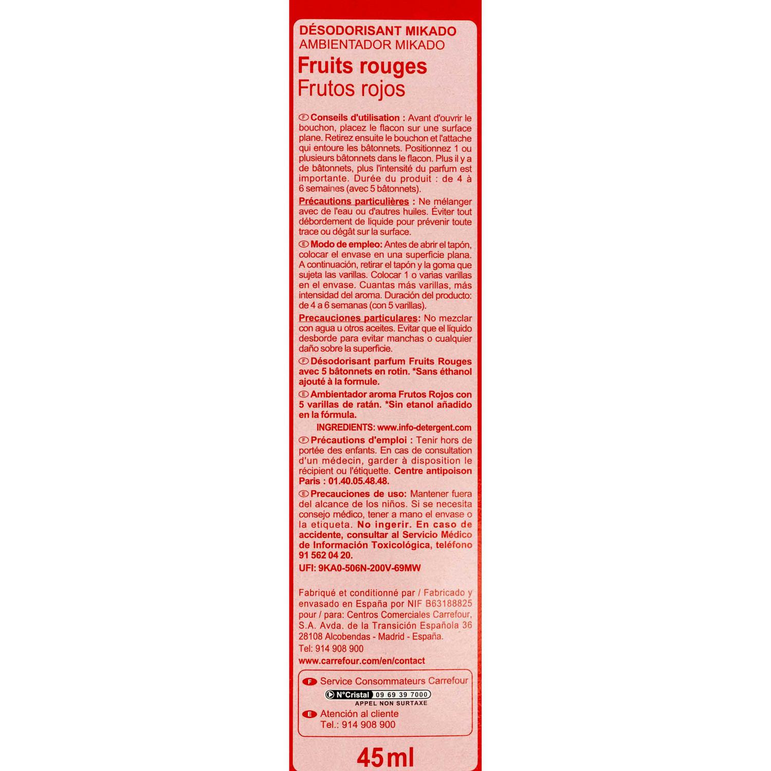 Ambientador de varillas frutos rojos Essential Carrefour 45 ml.