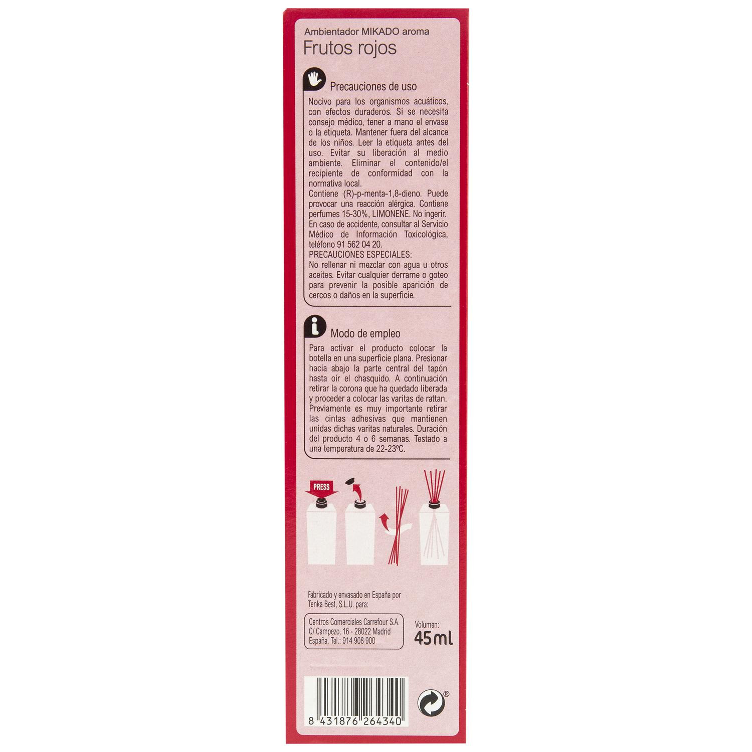 Ambientador de varillas frutos rojos Essential Carrefour 45 ml.