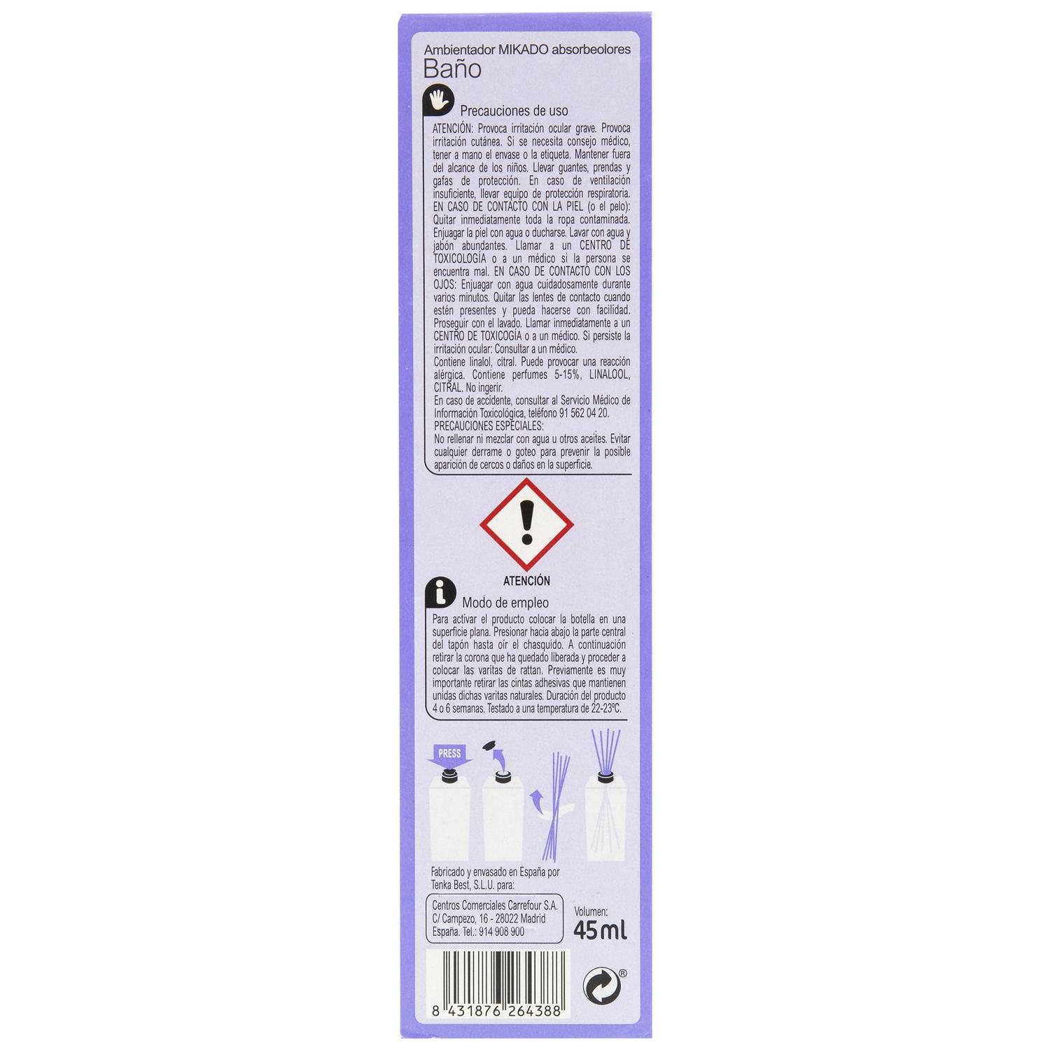 Ambientador de varillas absorbeolores baño Carrefour 45 ml.