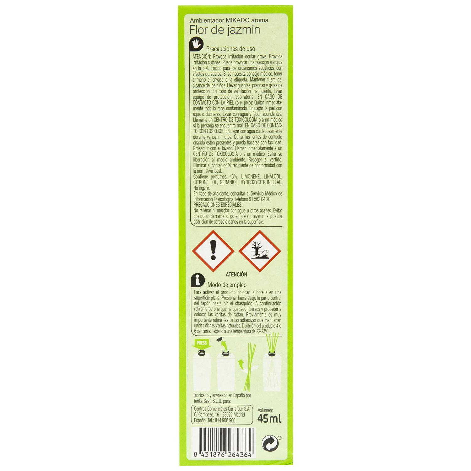 Ambientador de varillas flor de jazmín Carrefour 45 ml.