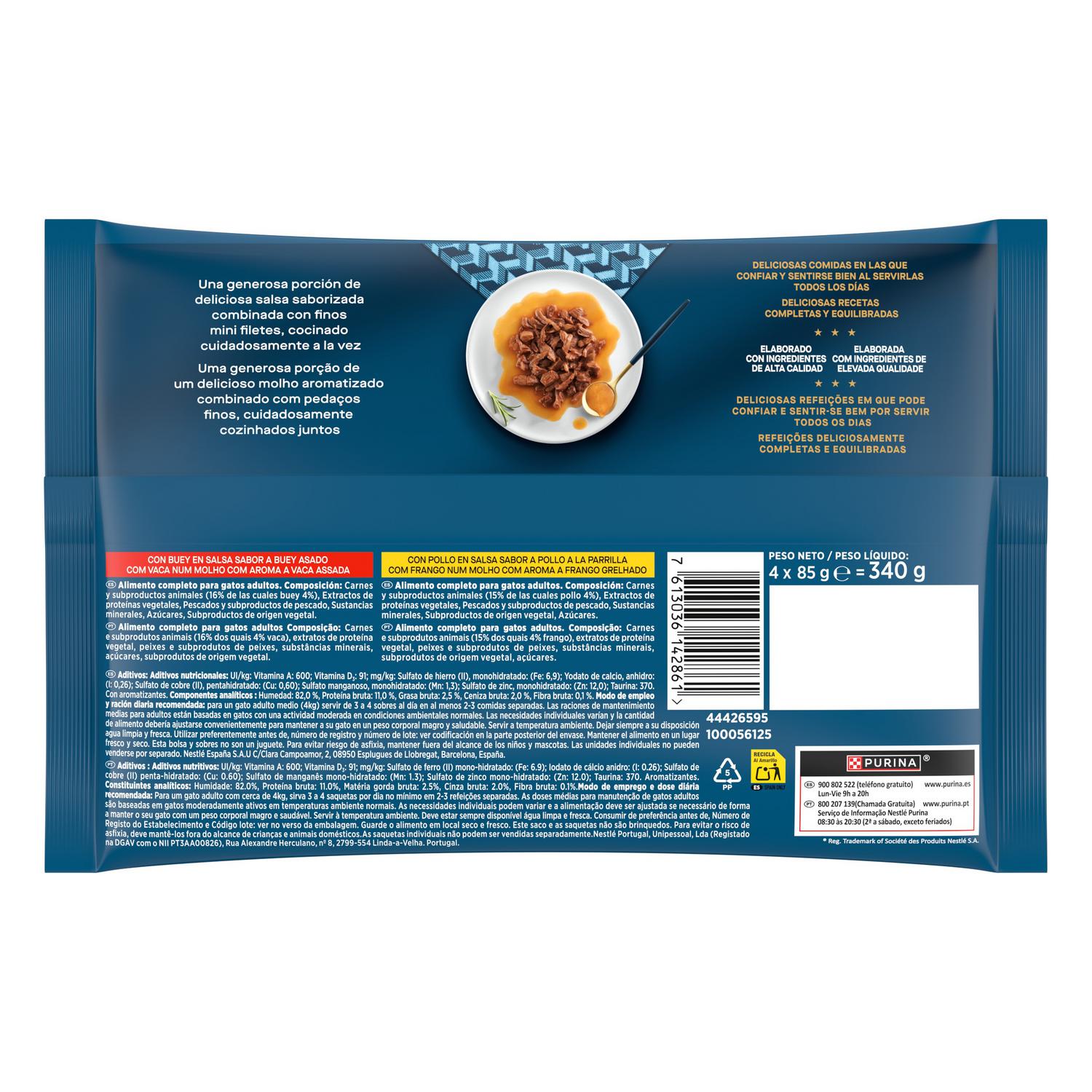 Comida húmeda en salsa de buey y pollo para gato adulto Purina Gourmet Perle 4x85 g.