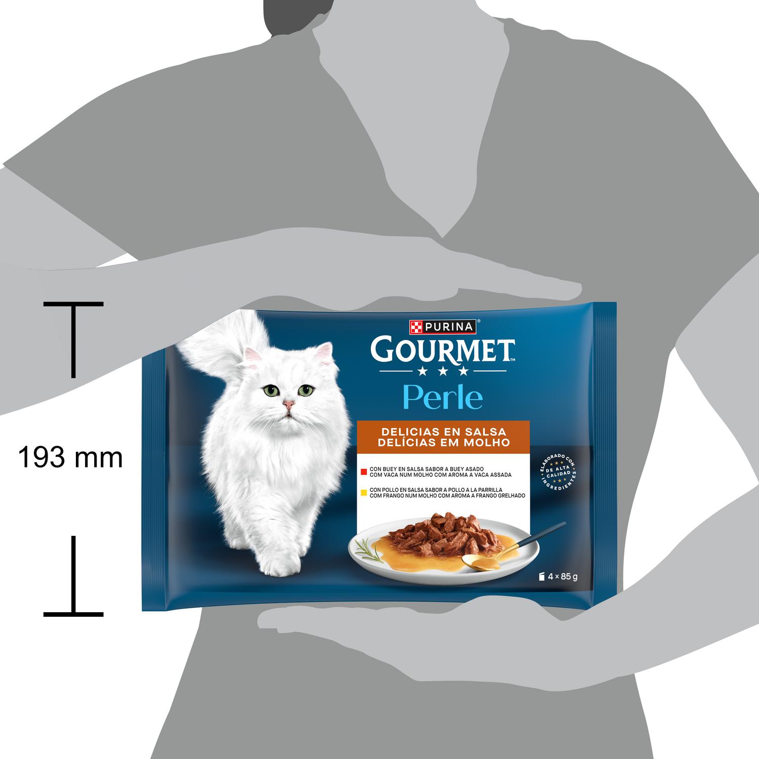 Comida húmeda en salsa de buey y pollo para gato adulto Purina Gourmet Perle 4x85 g.