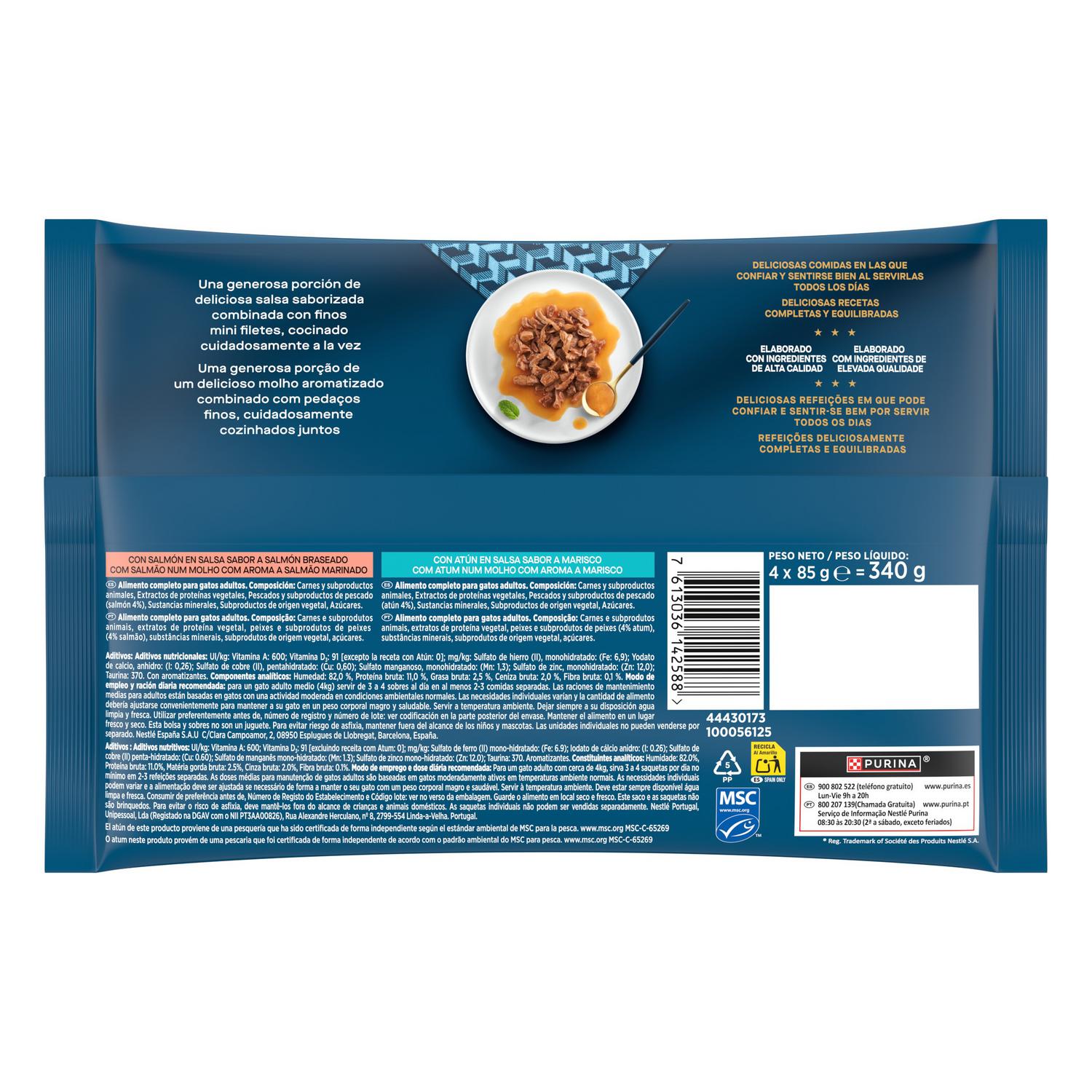 Comida húmeda en salsa salmón y atún para gato adulto Purina Gourmet Perle 4x85 g.