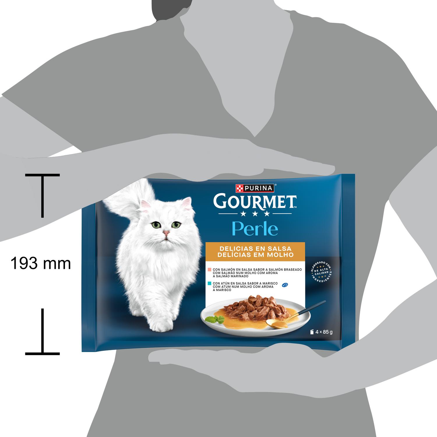 Comida húmeda en salsa salmón y atún para gato adulto Purina Gourmet Perle 4x85 g.