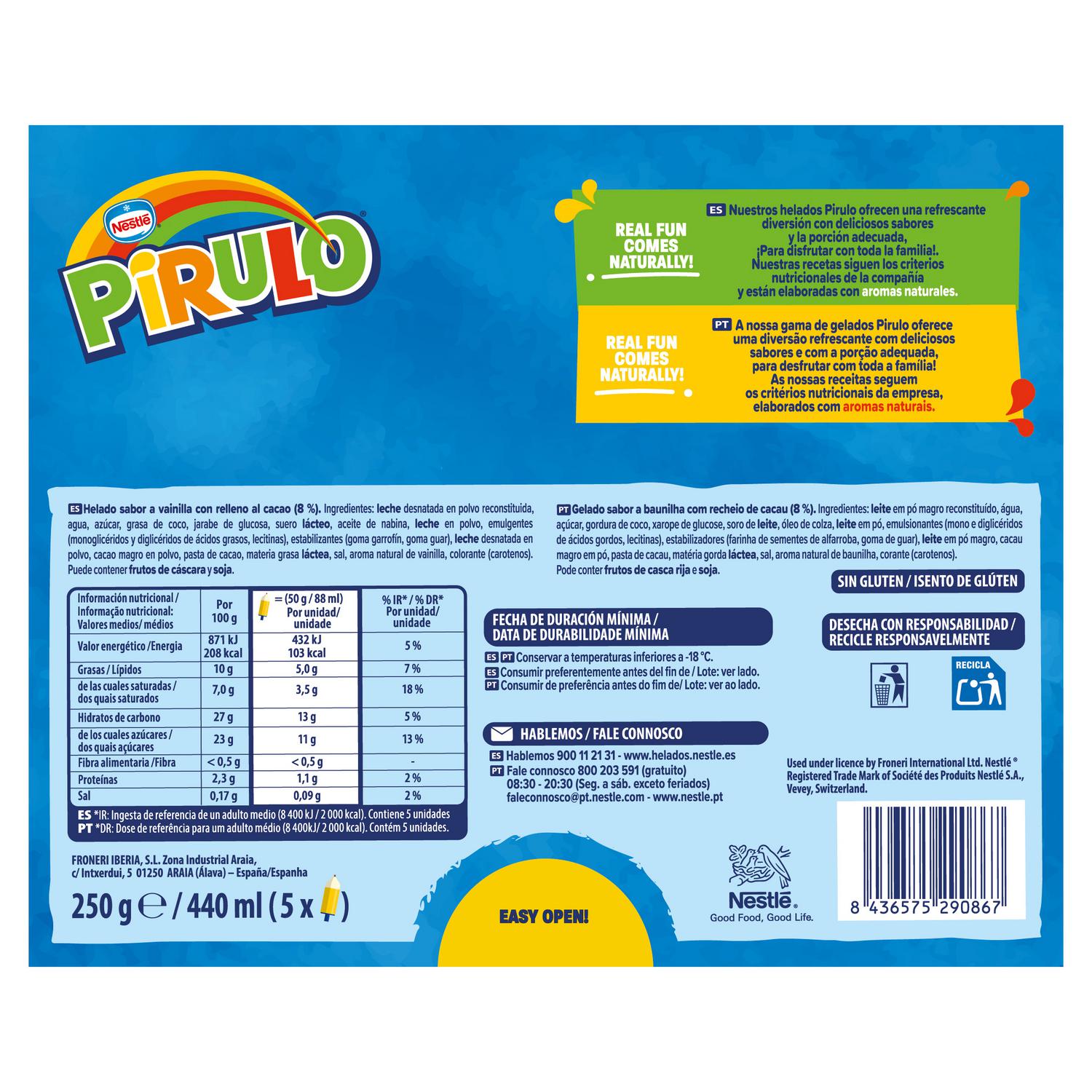Helado sabor a vainilla con relleno al cacao Pirulo Mikolápiz sin gluten 5 ud.
