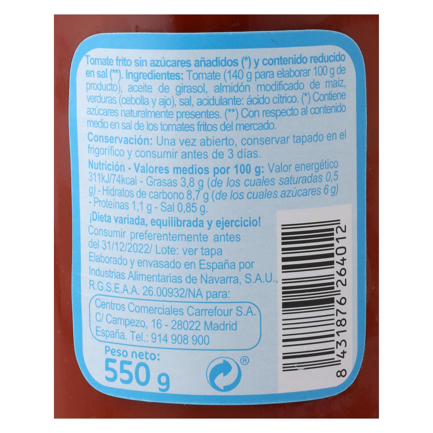 Tomate frito sin azúcares añadidos contenido reducido en sal Carrefour tarro 550 g.