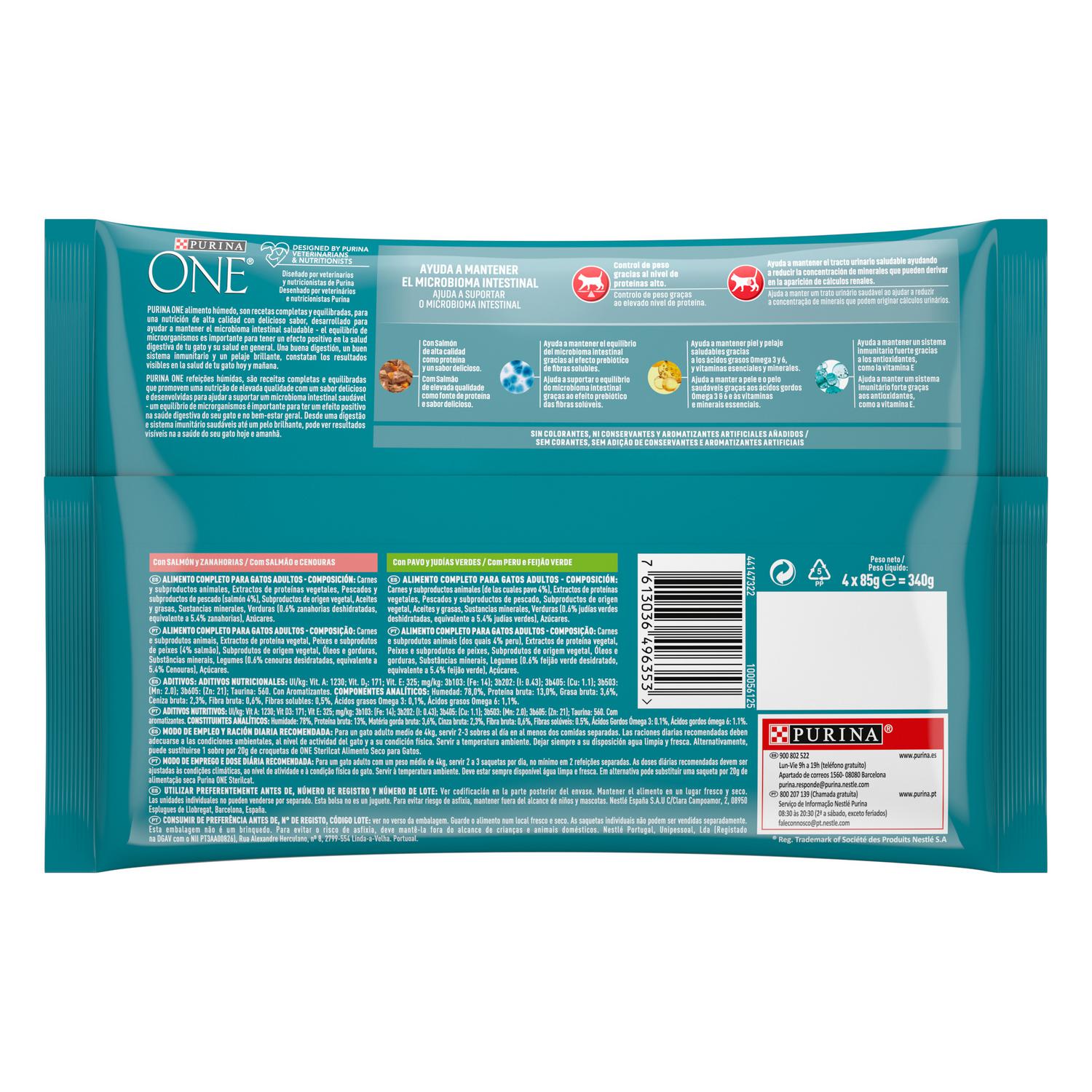 Comida húmeda de salmón y pavo para gatos Purina One Esterilizados 4x85 g