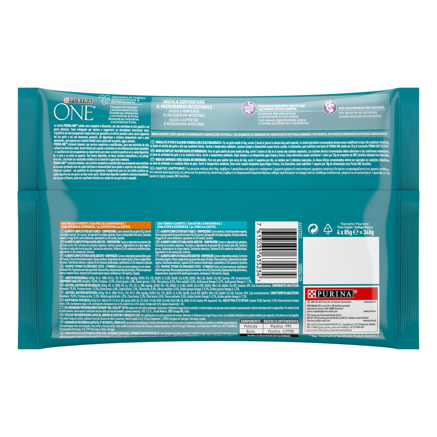 Comida húmeda de pollo y atún para gato Purina One Sensitive 4x85 g