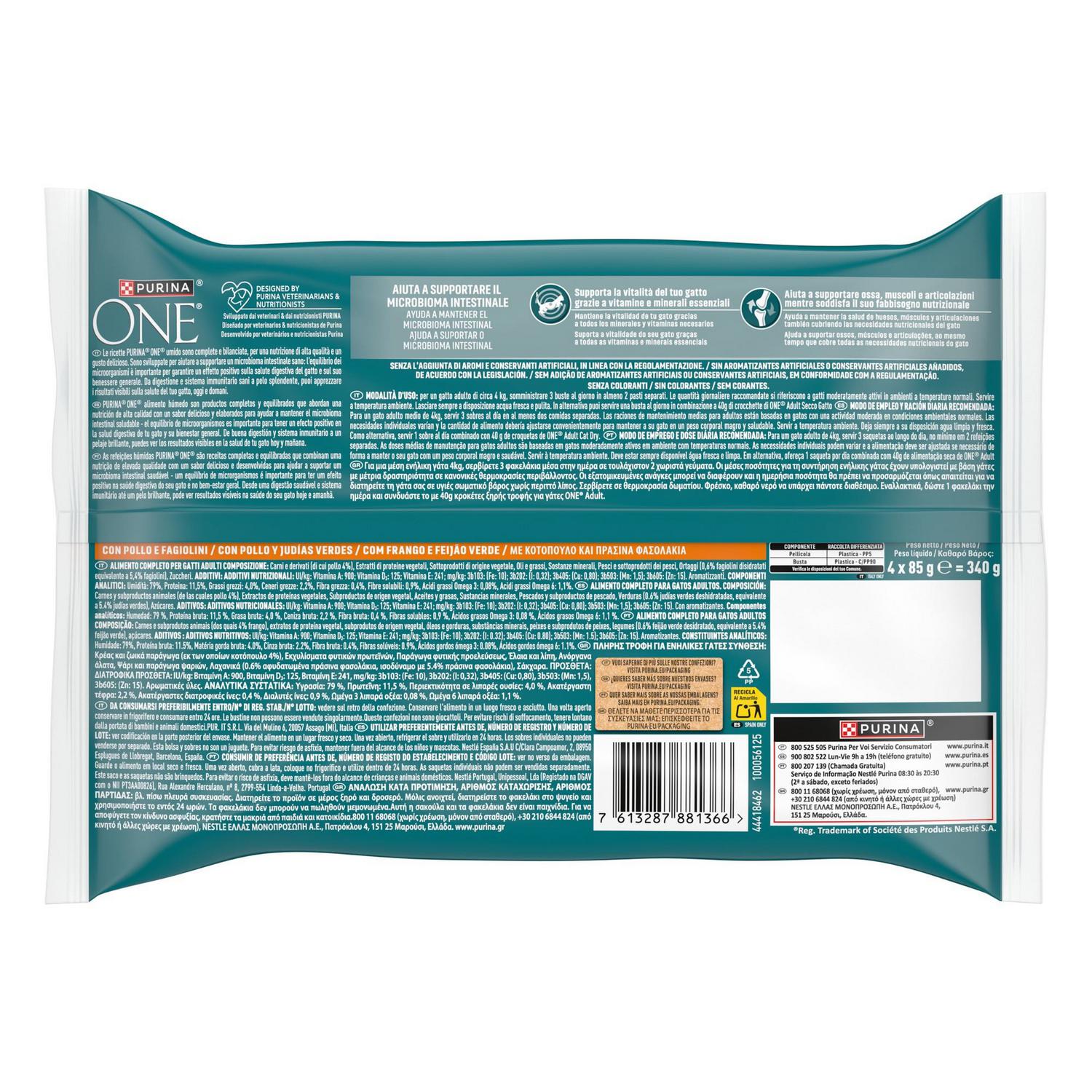 Comida húmeda de pollo y buey para gato adulto Purina One 4x85 g