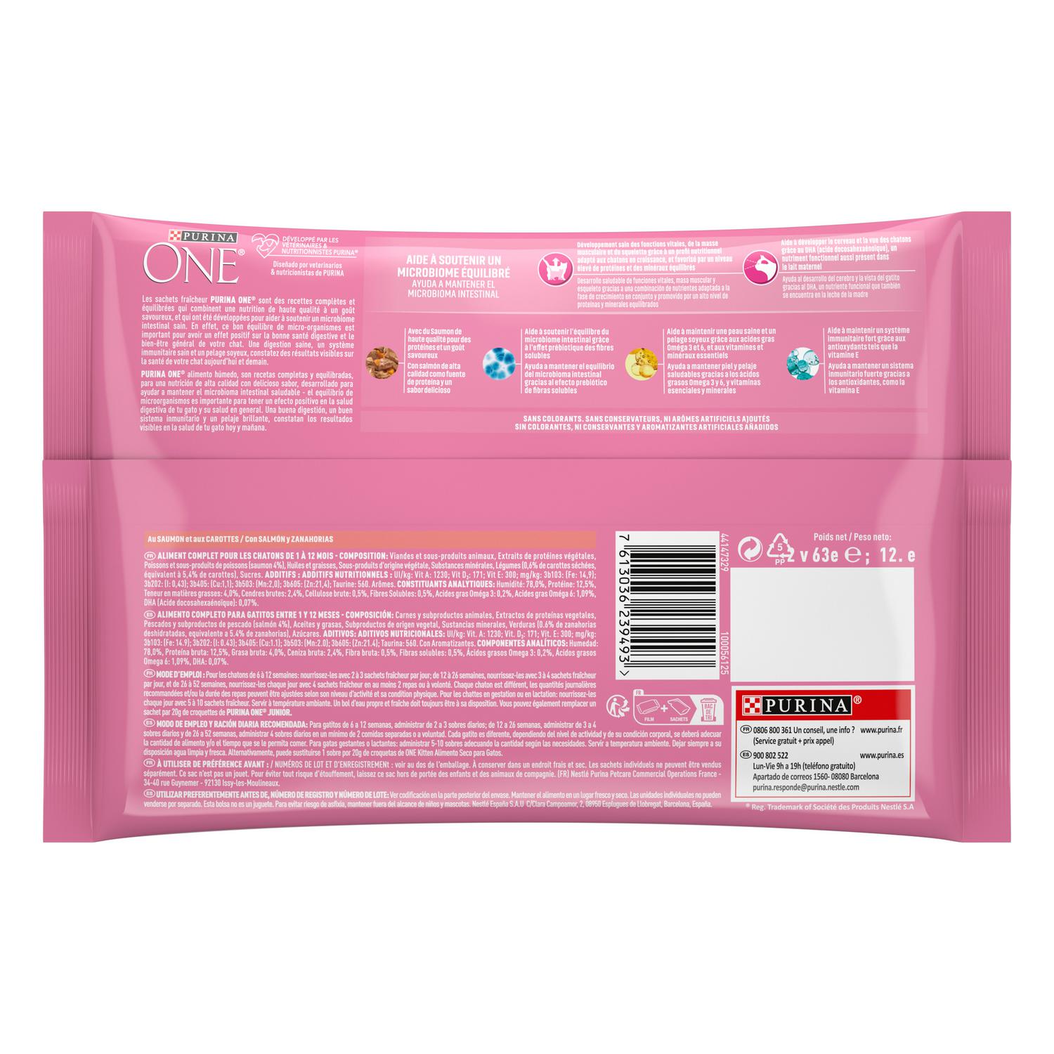 Comida húmeda de salmón para gato junior Purina One Junior 4x85 g.