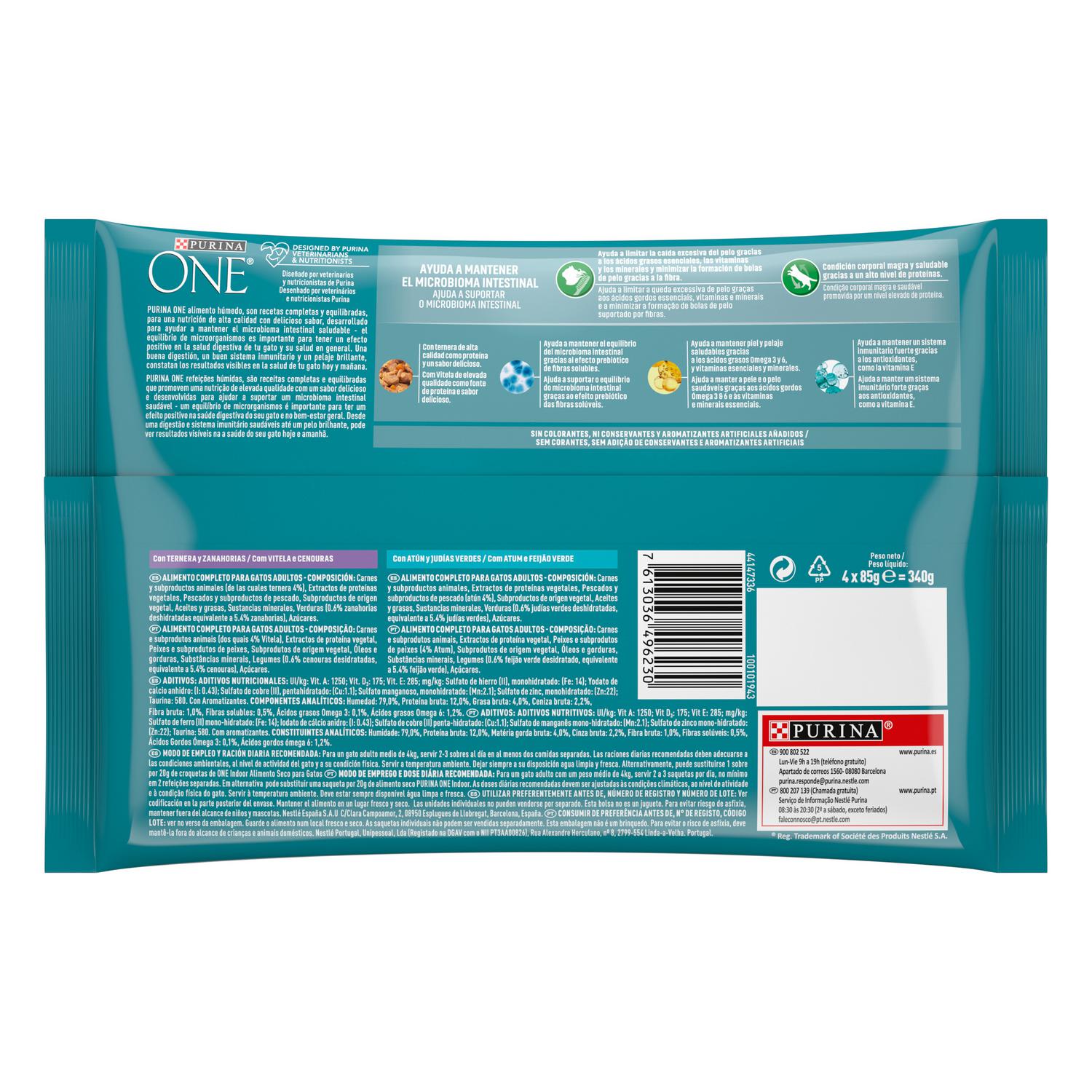 Comida húmeda de ternera y atún para gato Purina One Indoor 4x85 g.