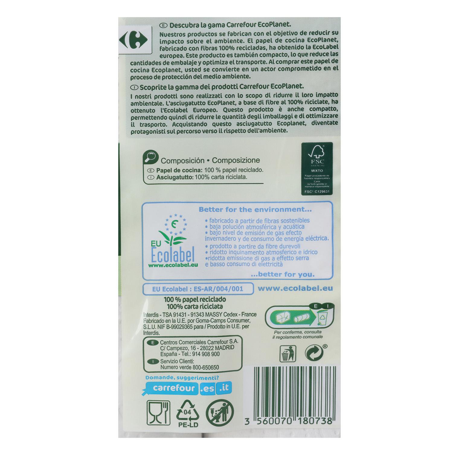 Papel de cocina compacto ecológico Carrefour Eco Planet 2 rollos.