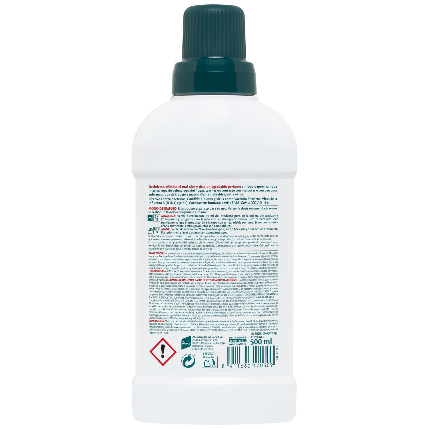 Desinfectante para la colada elimina olores sin lejía Sanytol 500 ml.