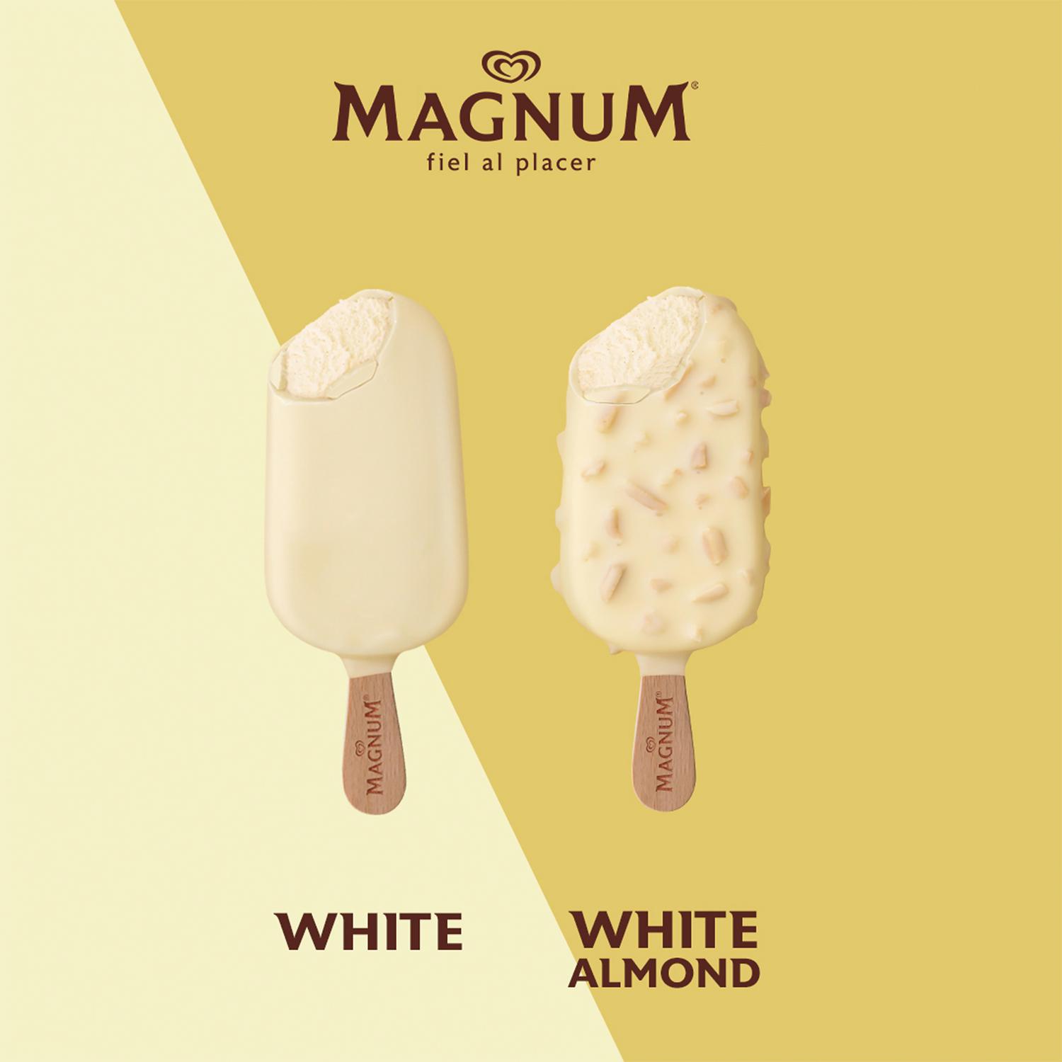Bombón mini helado de vainilla recubierto con chocolate blanco Almond Magnum sin gluten 6 ud.