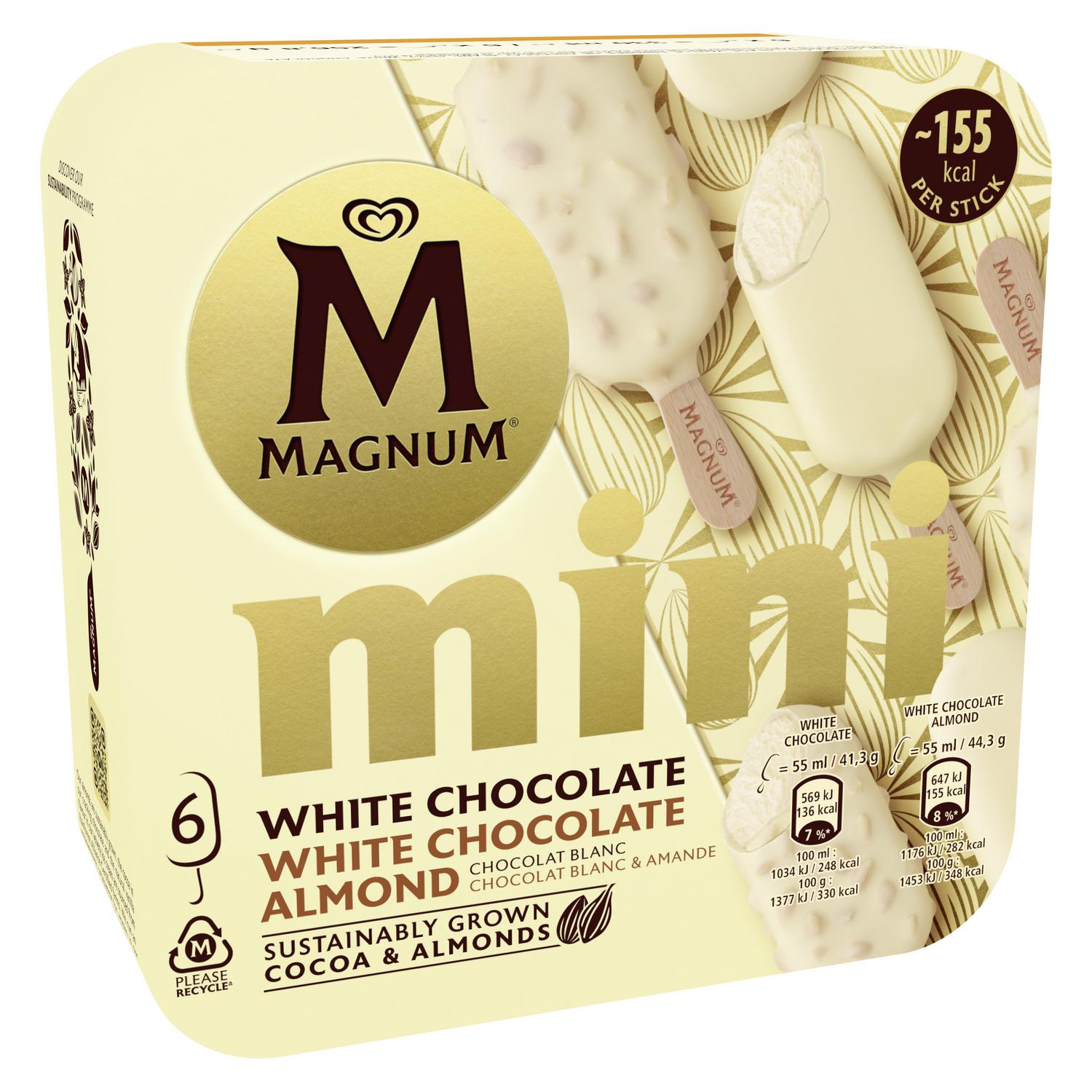 Bombón mini helado de vainilla recubierto con chocolate blanco Almond Magnum sin gluten 6 ud.