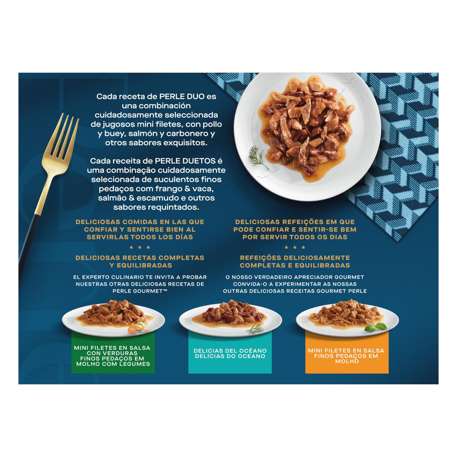 Comida húmeda finas láminas en salsa dúo del Mar para gatos Purina Gourmet Perle 8x85 g.