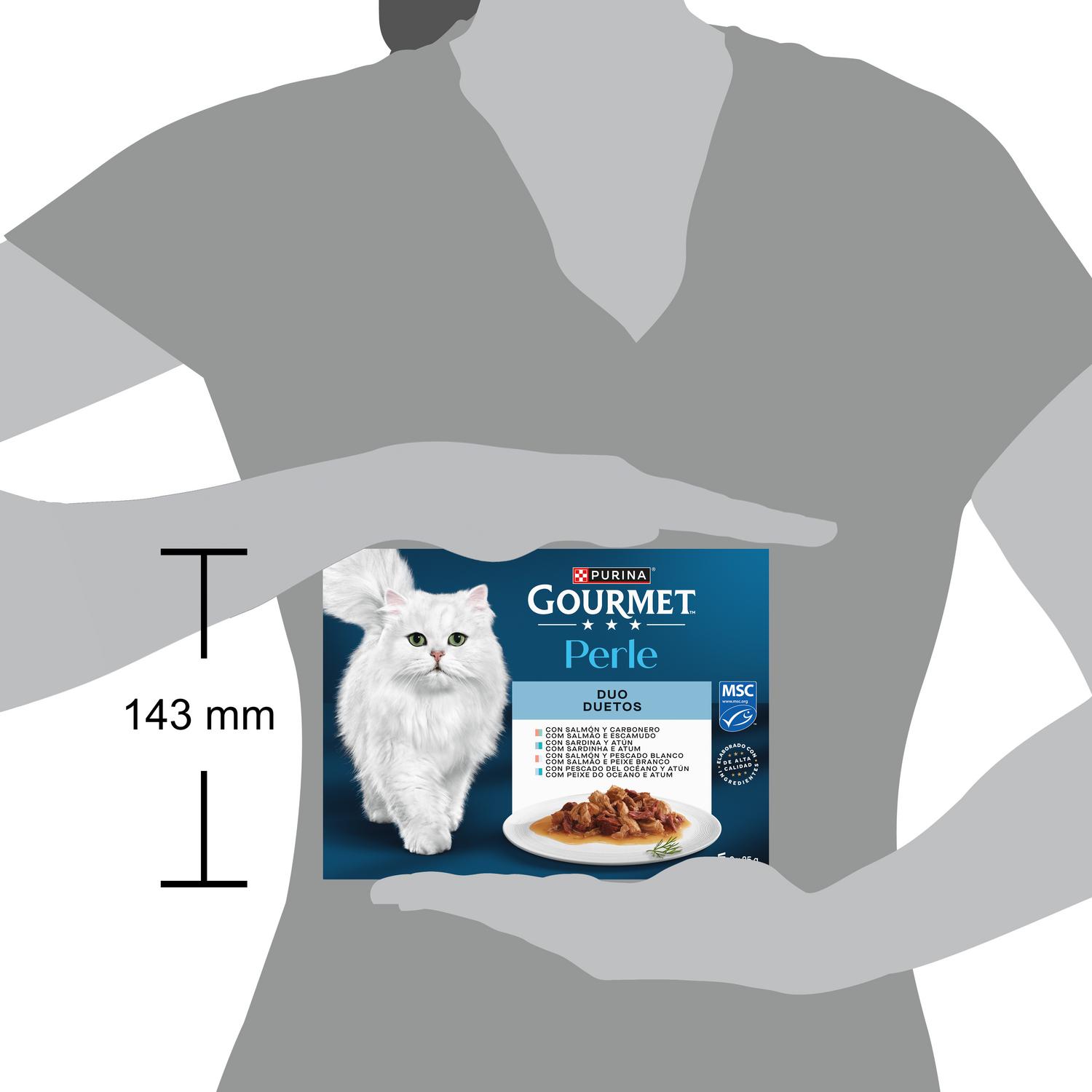 Comida húmeda finas láminas en salsa dúo del Mar para gatos Purina Gourmet Perle 8x85 g.