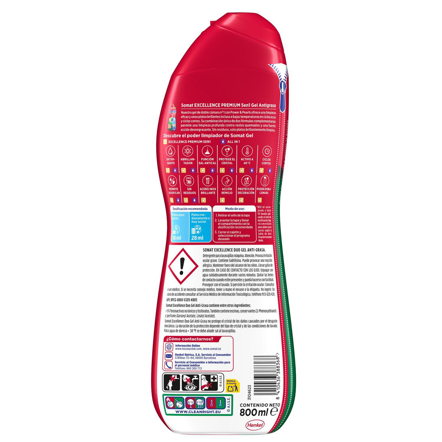 Gel para lavavajillas anti-grasa Excellence Duo Gel Somat 50 lavados.