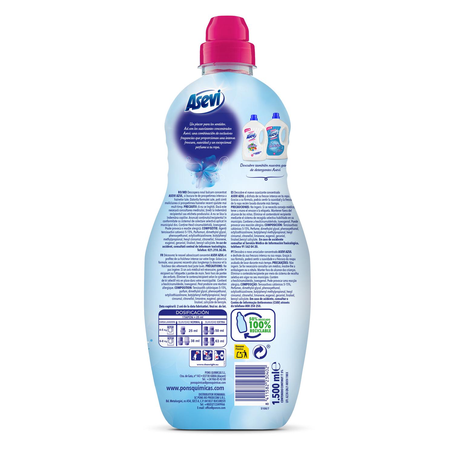 Suavizante concentrado azul frescor intenso Asevi 60 lavados.