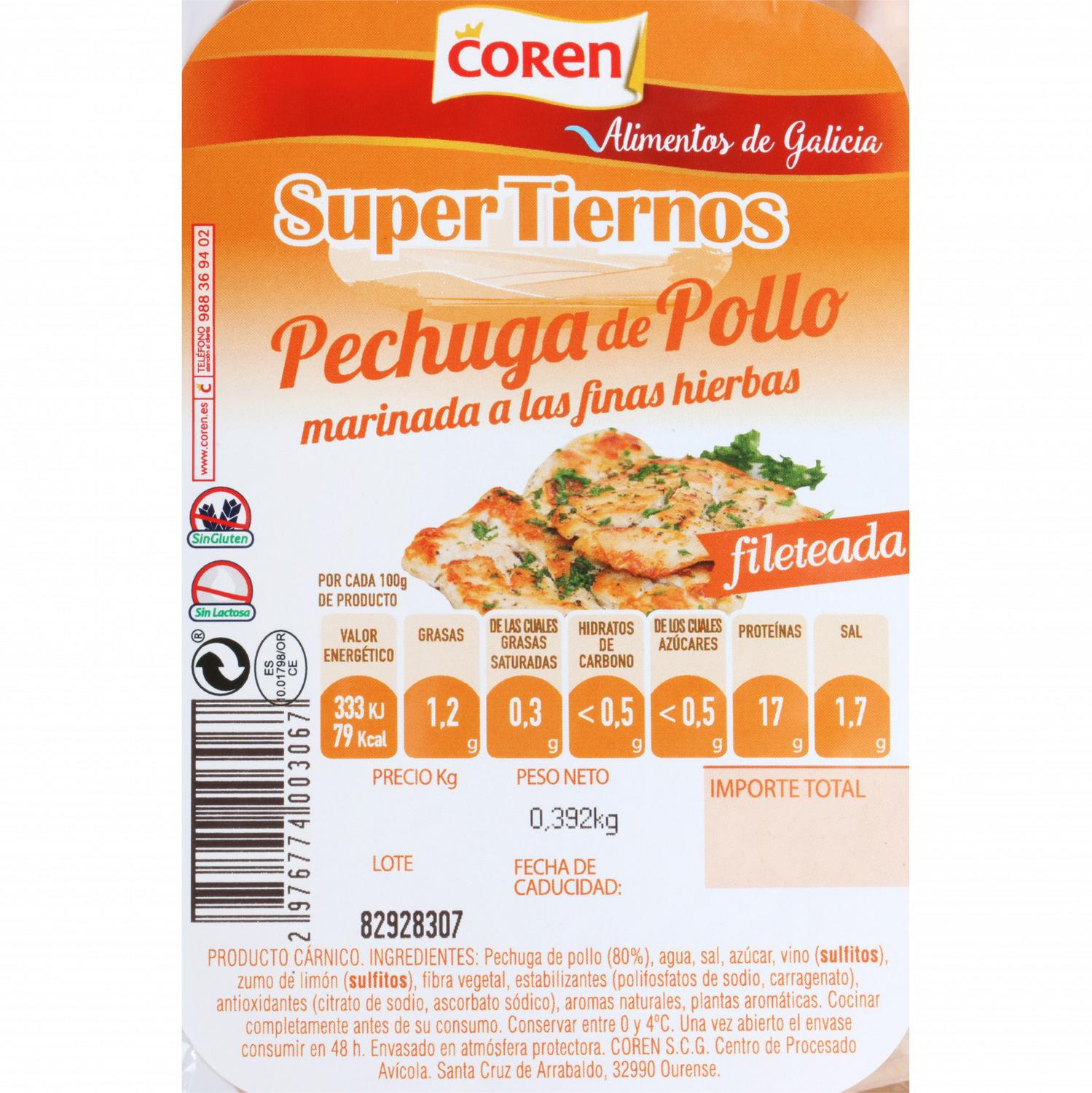 Pechuga de pollo fileteada marinada a las finas hierbas Coren 400 g aprox