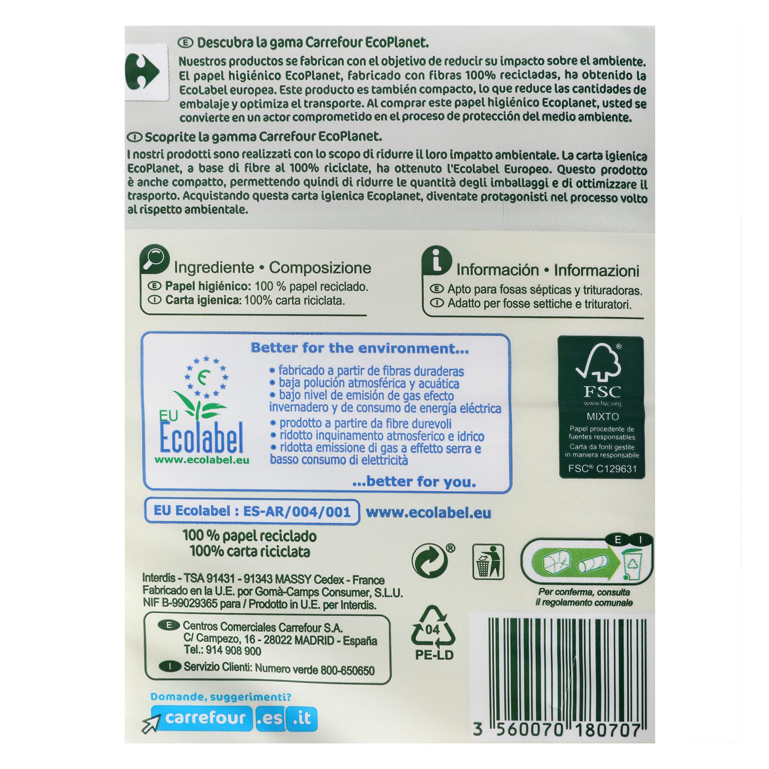Papel higiénico ecológico Carrefour Eco Planet 4 rollos.