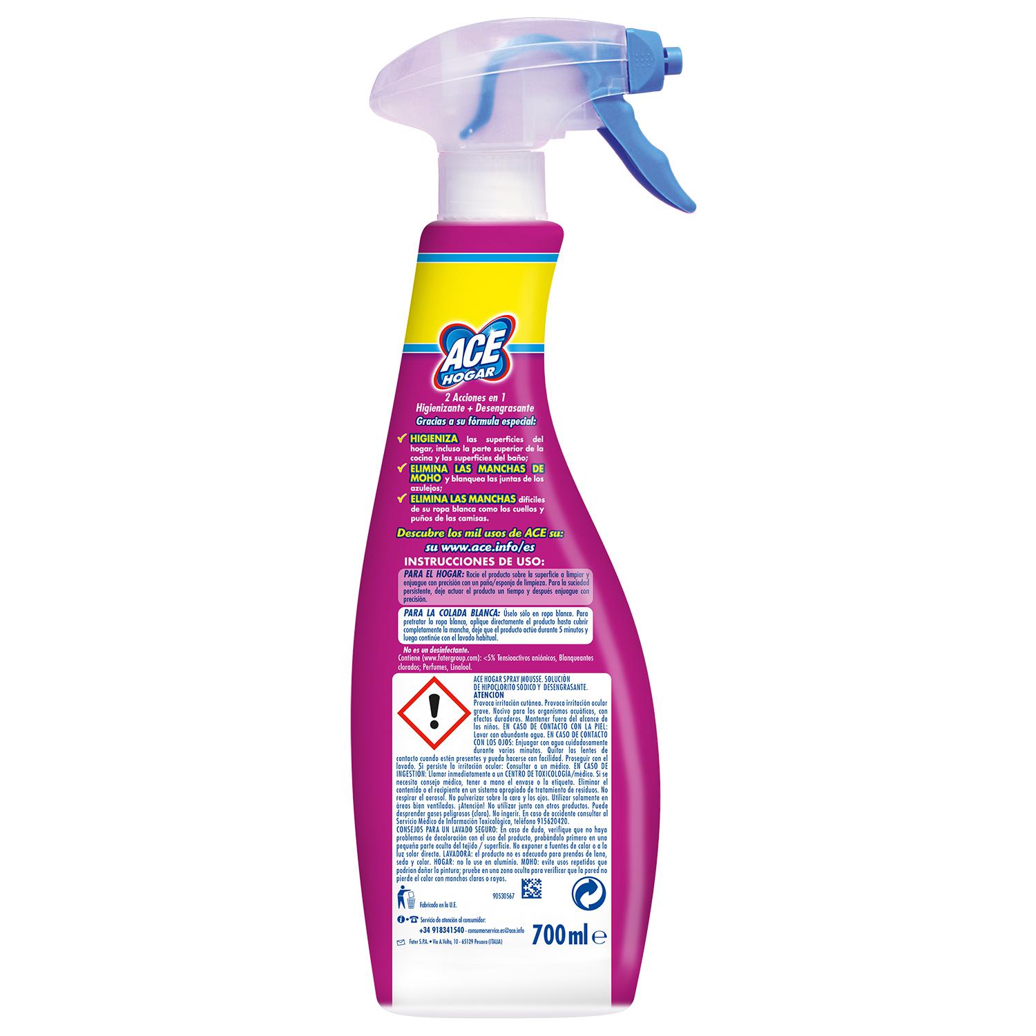 Limpia hogar spray mousse acción lejía blanqueador y desengrasante spray Ace 700 ml.