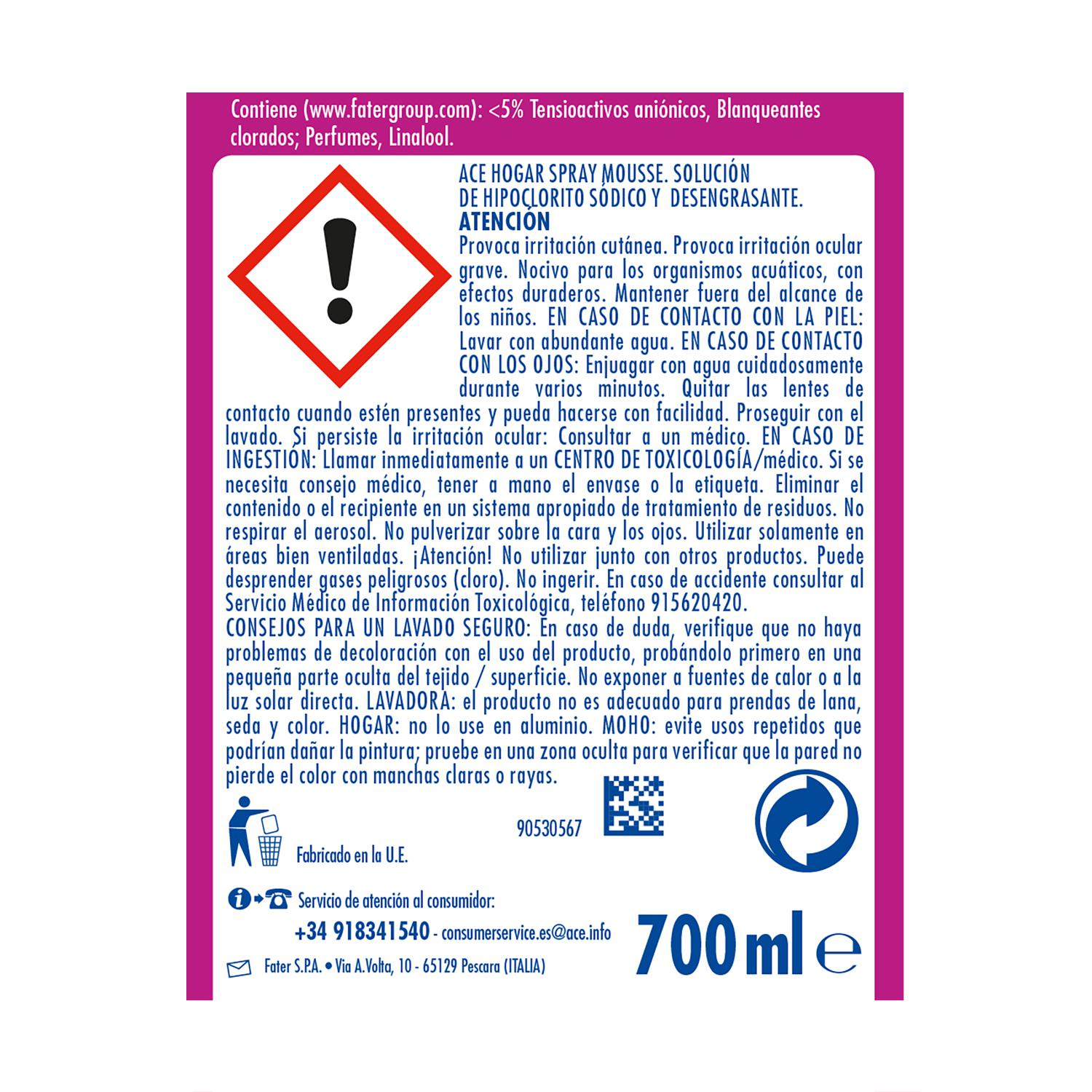 Limpia hogar spray mousse acción lejía blanqueador y desengrasante spray Ace 700 ml.