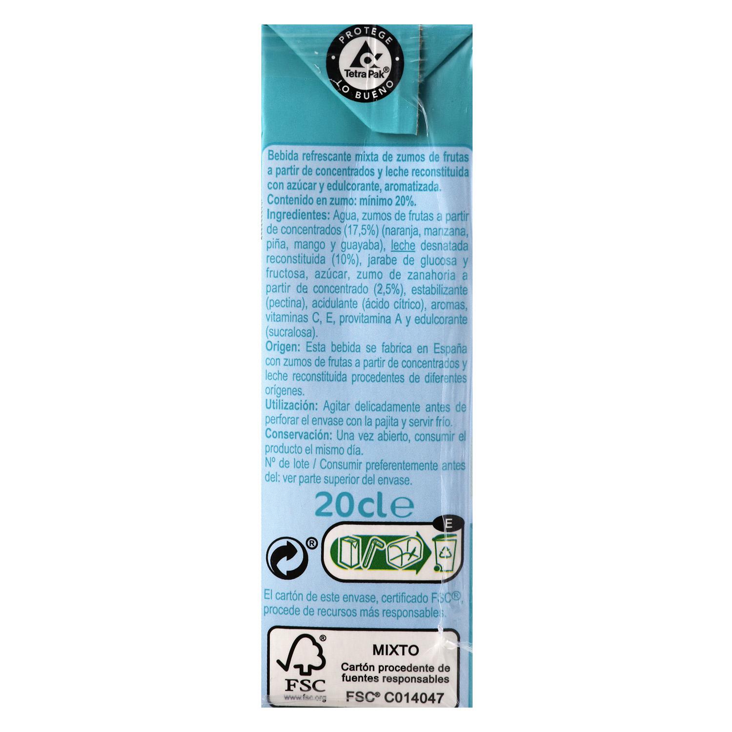 Zumo de frutas y leche Carrefour sabor mediterráneo pack de 6 briks de 20 cl.