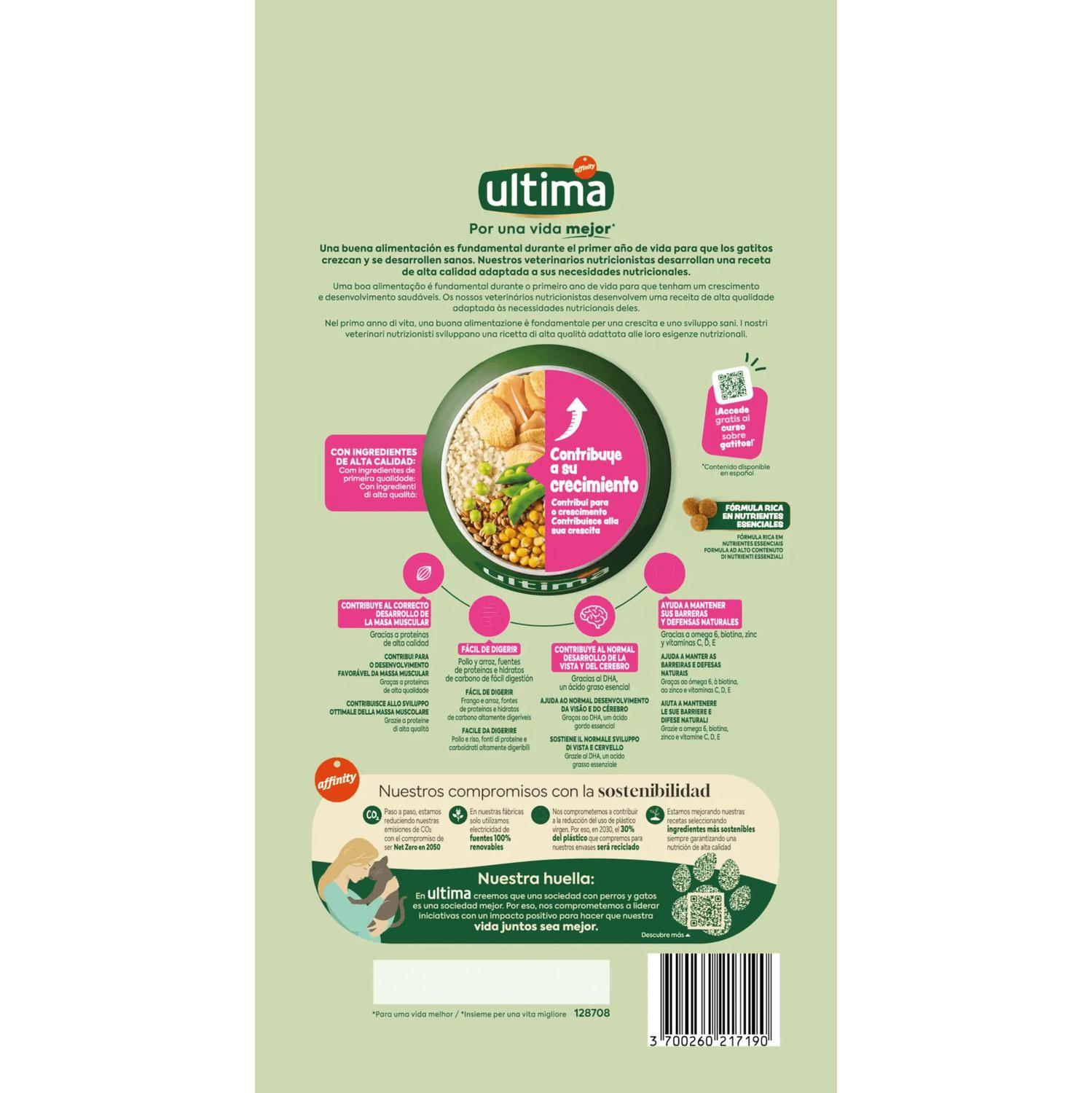 Pienso de pollo para gato junior Ultima 1,5 kg.