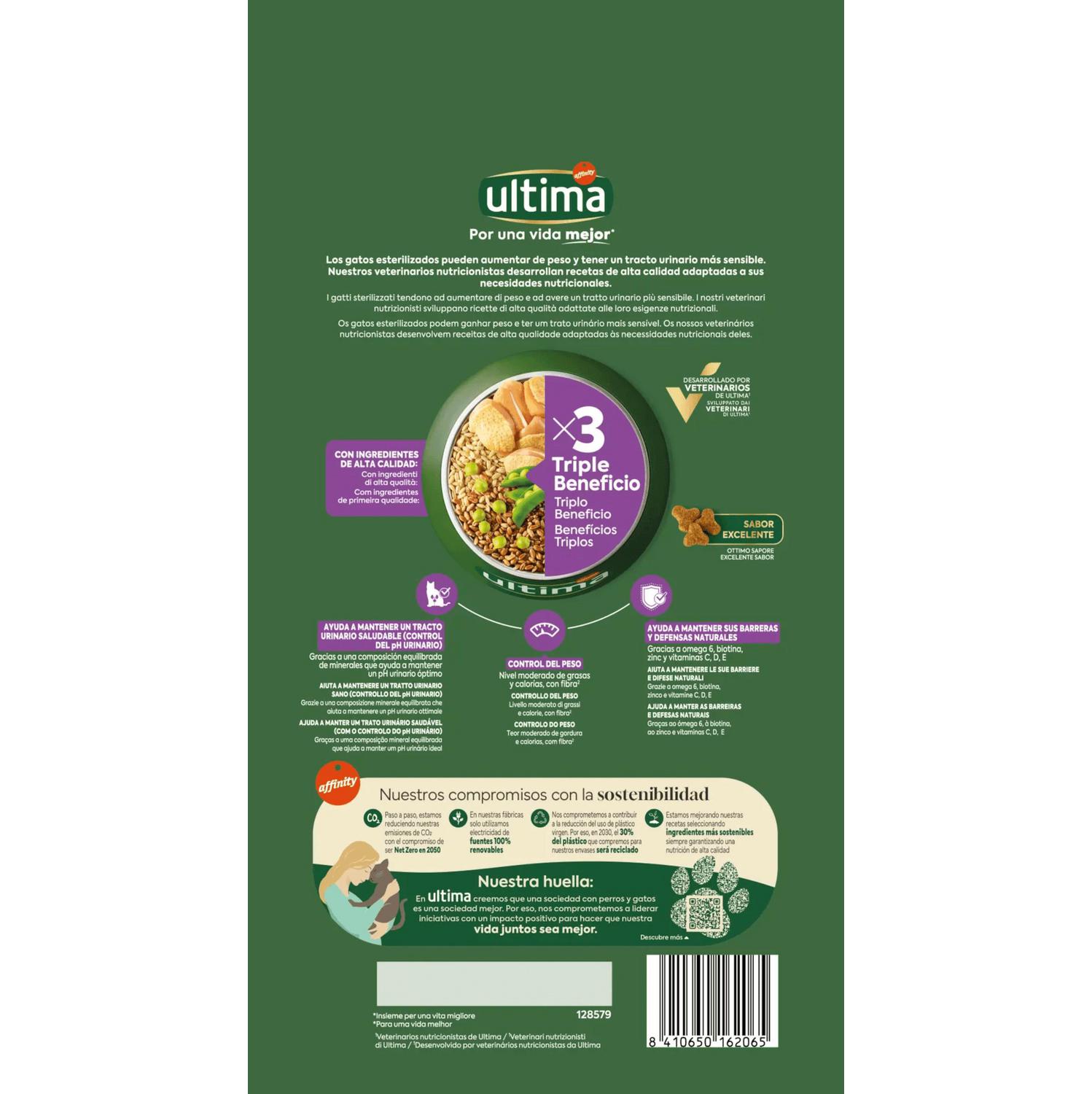Pienso esterilizado de pollo para gato adulto Ultima 1,5 kg.