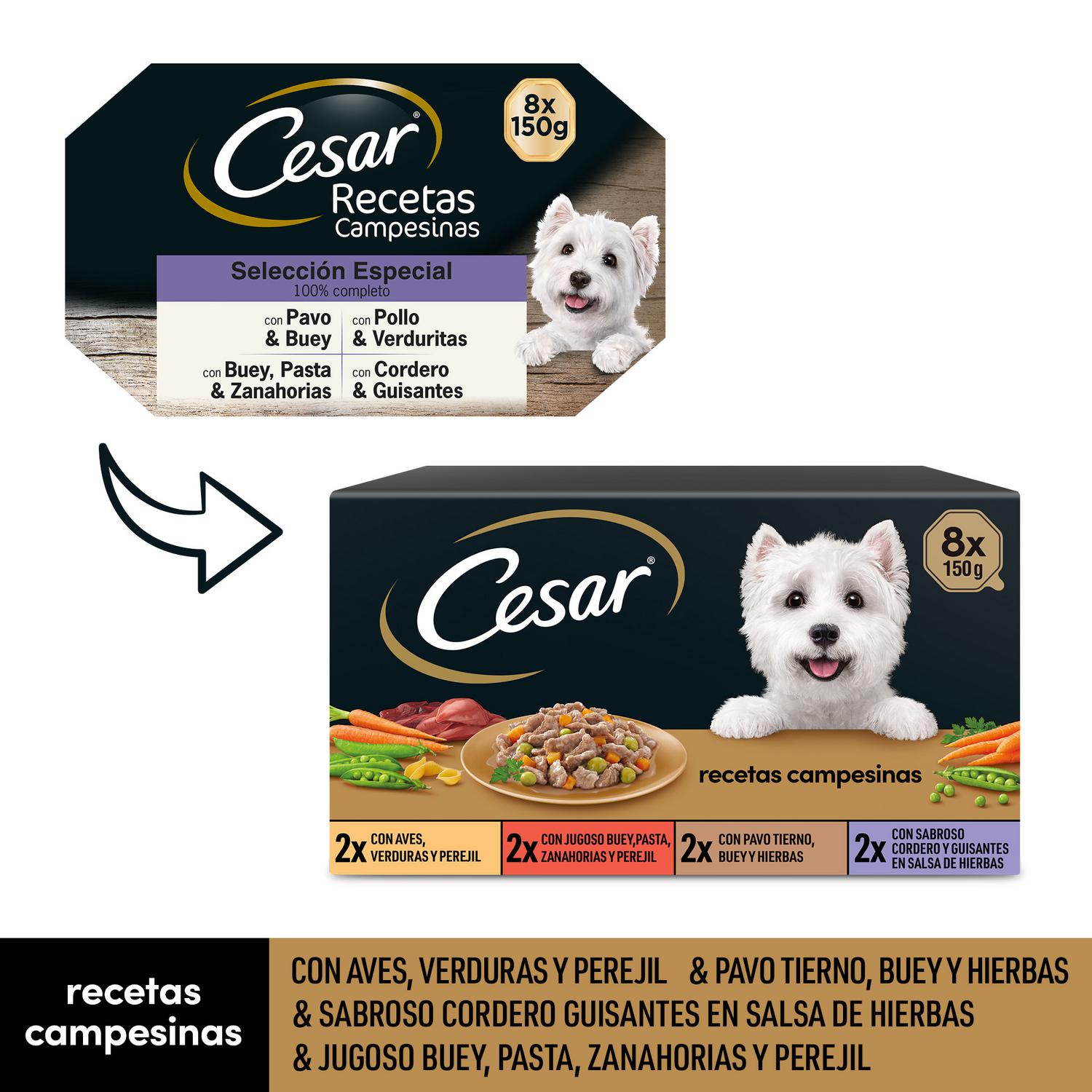 Comida húmeda selección recetas campesinas para perro Cesar pack de 8 unidades de 150 g.