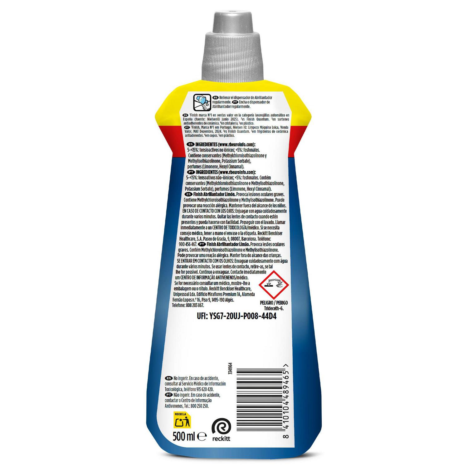 Abrillantador para lavavajillas aroma limón Finish Powerball 500 ml.