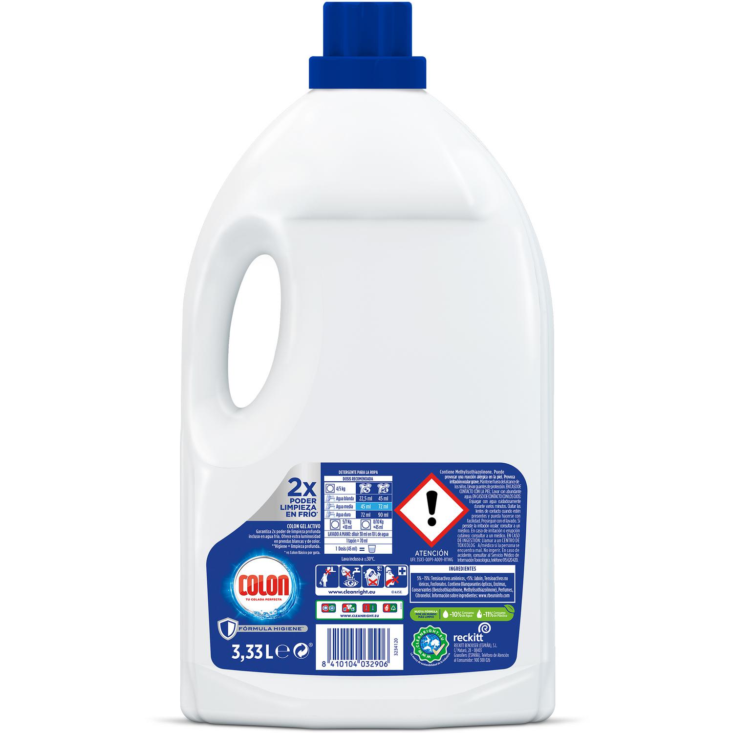 Detergente gel activo fórmula higiene Colon 74 lavados.