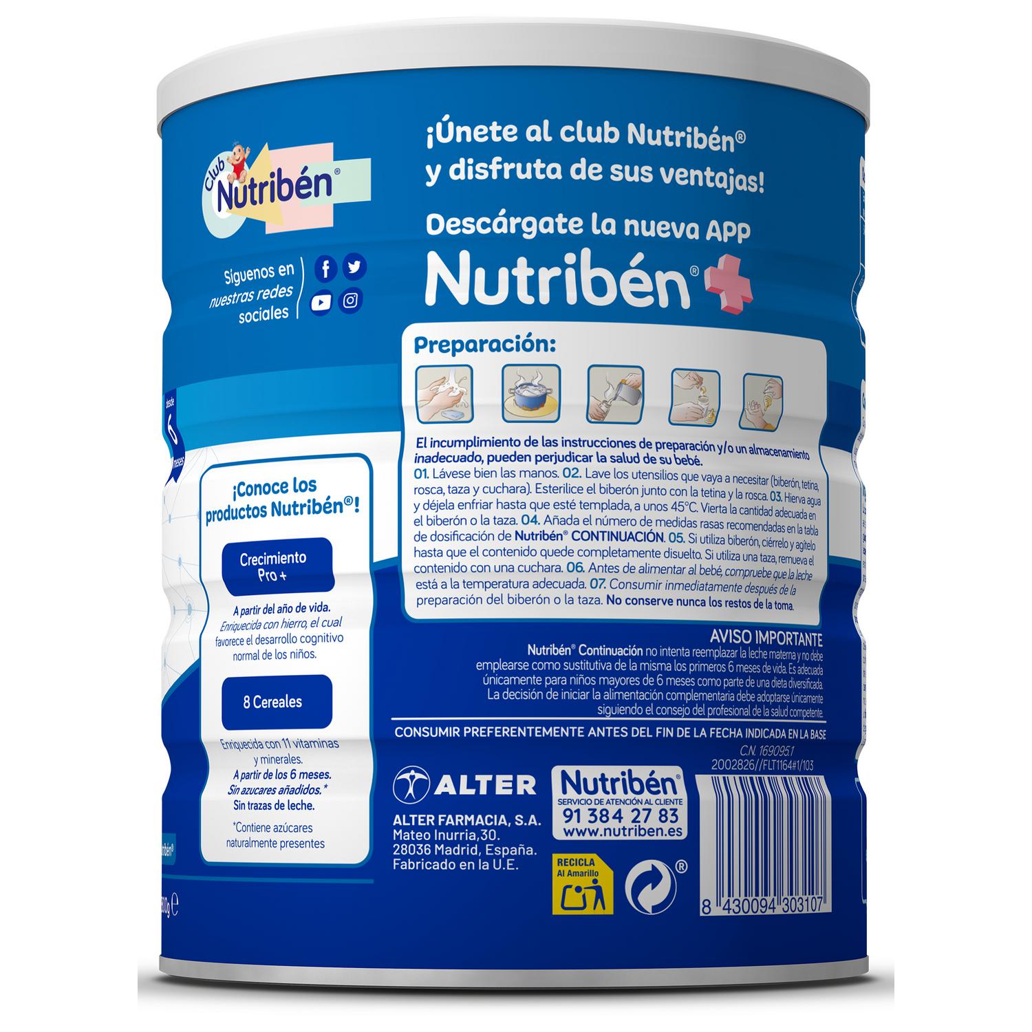 Leche infantil de continuación 2 desde 6 meses en polvo Nutribén Continuación Pro-a sin aceite de palma lata 800 g.