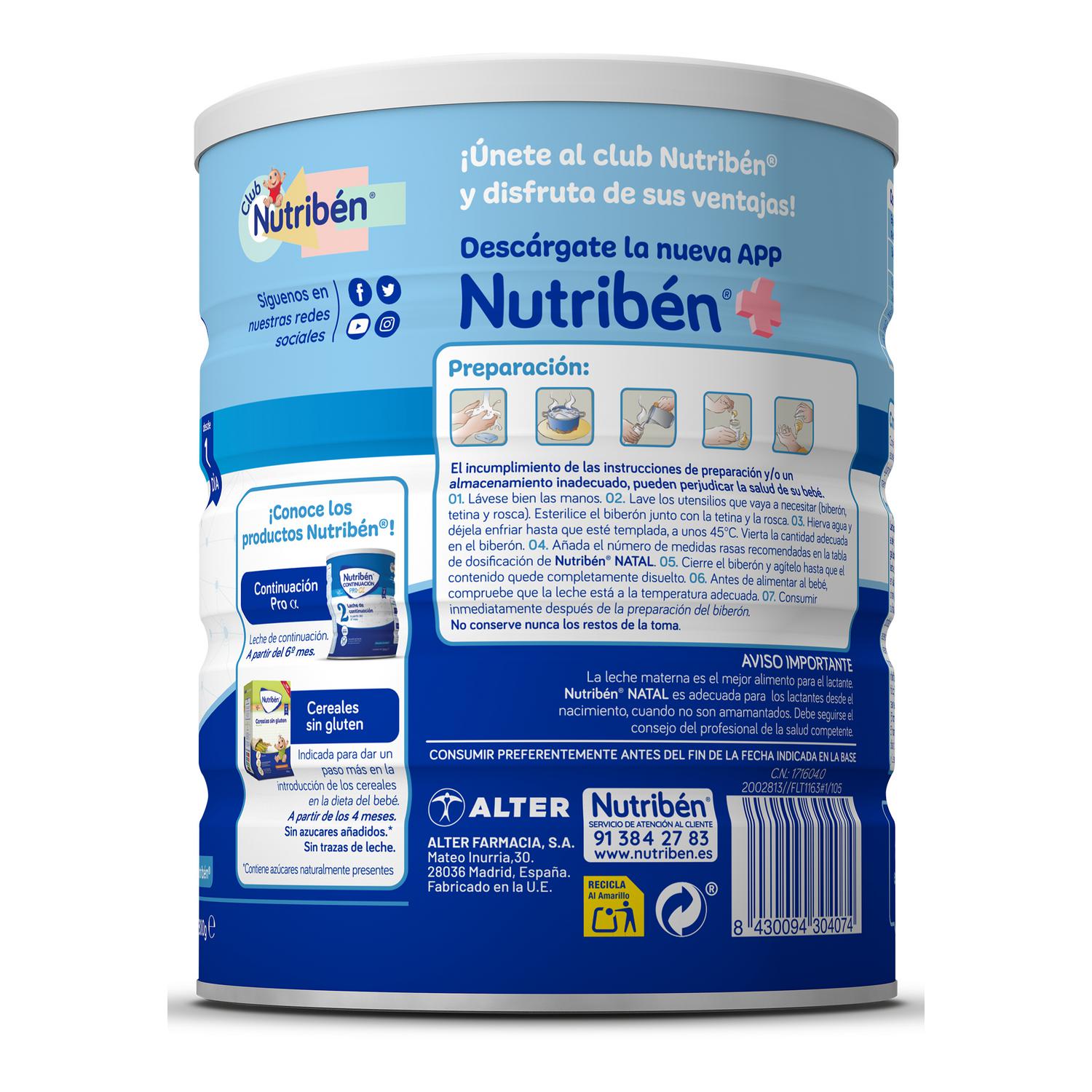 Leche infantil para lactantes 1 desde el primer día en polvo Nutriben Natal Pro-a sin aceite de palma lata 800 g.