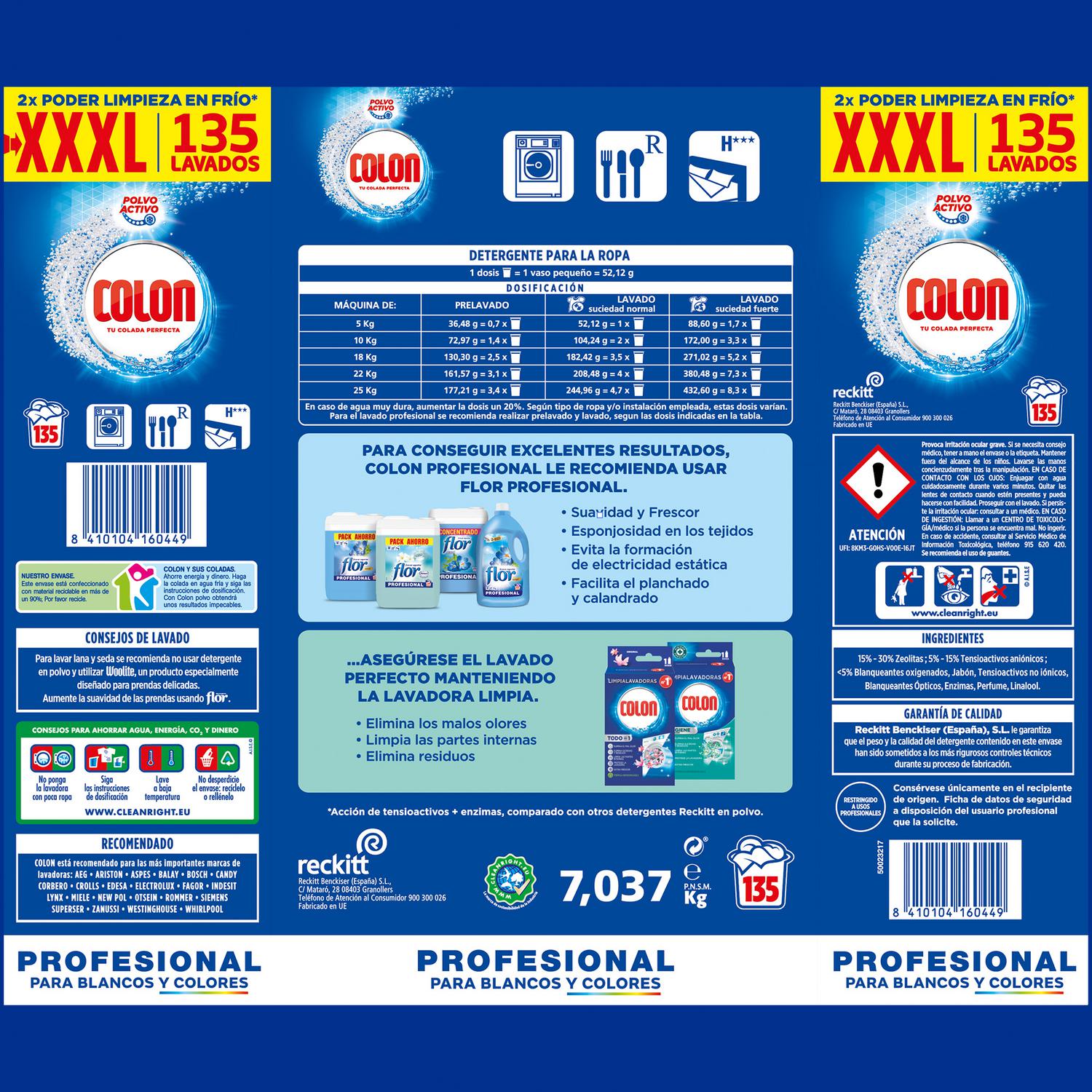 Detergente en polvo activo profesional Colon 135 lavados.