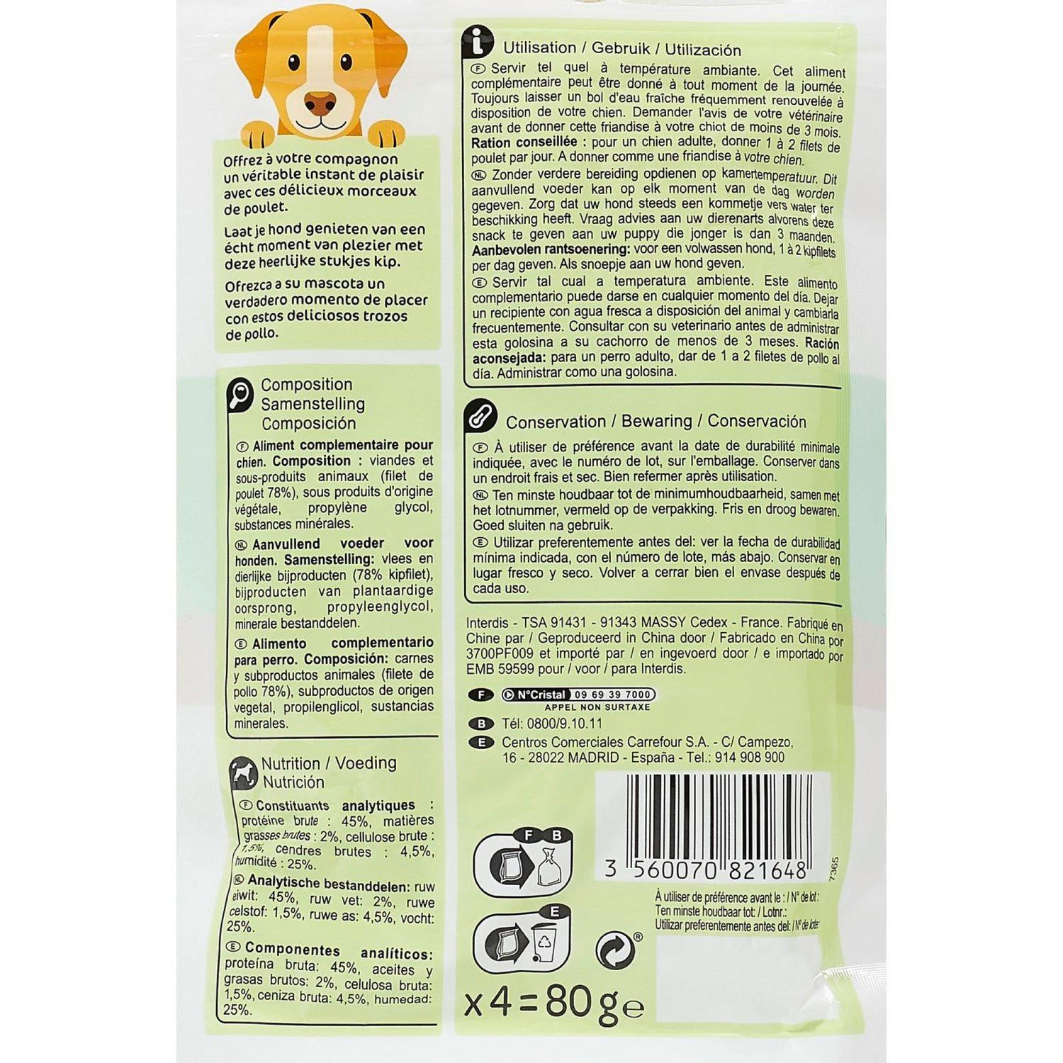 Snack de pollo para perro Carrefour 80 g.