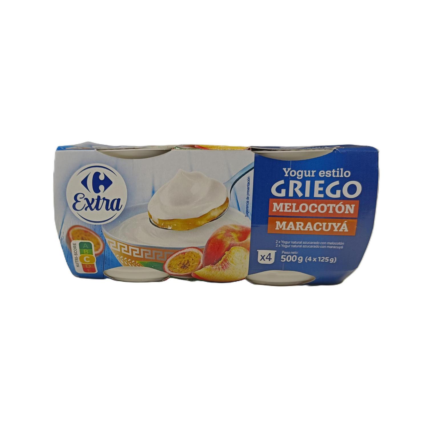 Yogur griego bicapa de maracuyá y de melocotón Carrefour Extra pack de 4 unidades de 125 g.