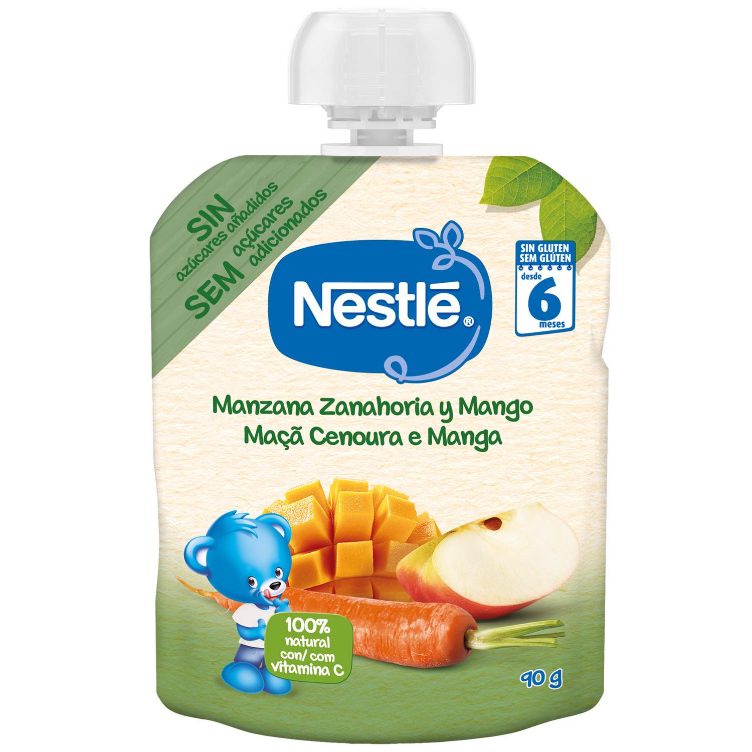 Bolsita de manzana, zanahoria y mango desde 6 meses Nestlé sin gluten y sin azúcar añadido 90 g.