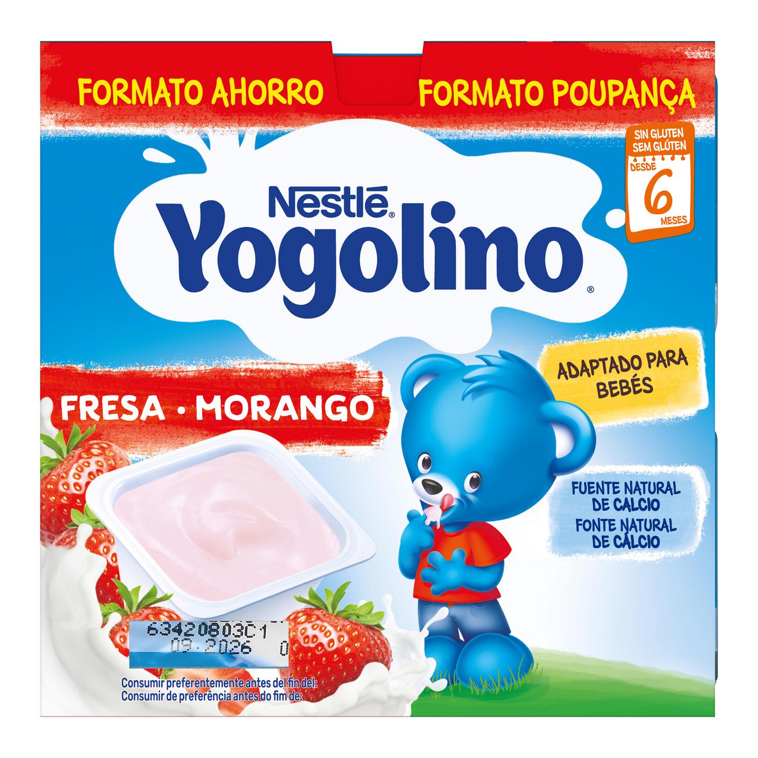 Postre lácteo fresa desde 8 meses Nestlé Yogolino sin gluten pack de 8 unidades de 100 g.
