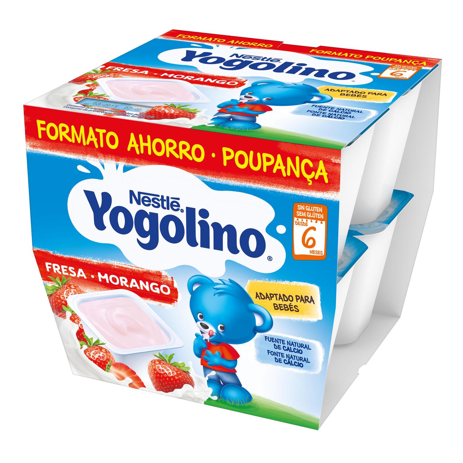 Postre lácteo fresa desde 8 meses Nestlé Yogolino sin gluten pack de 8 unidades de 100 g.