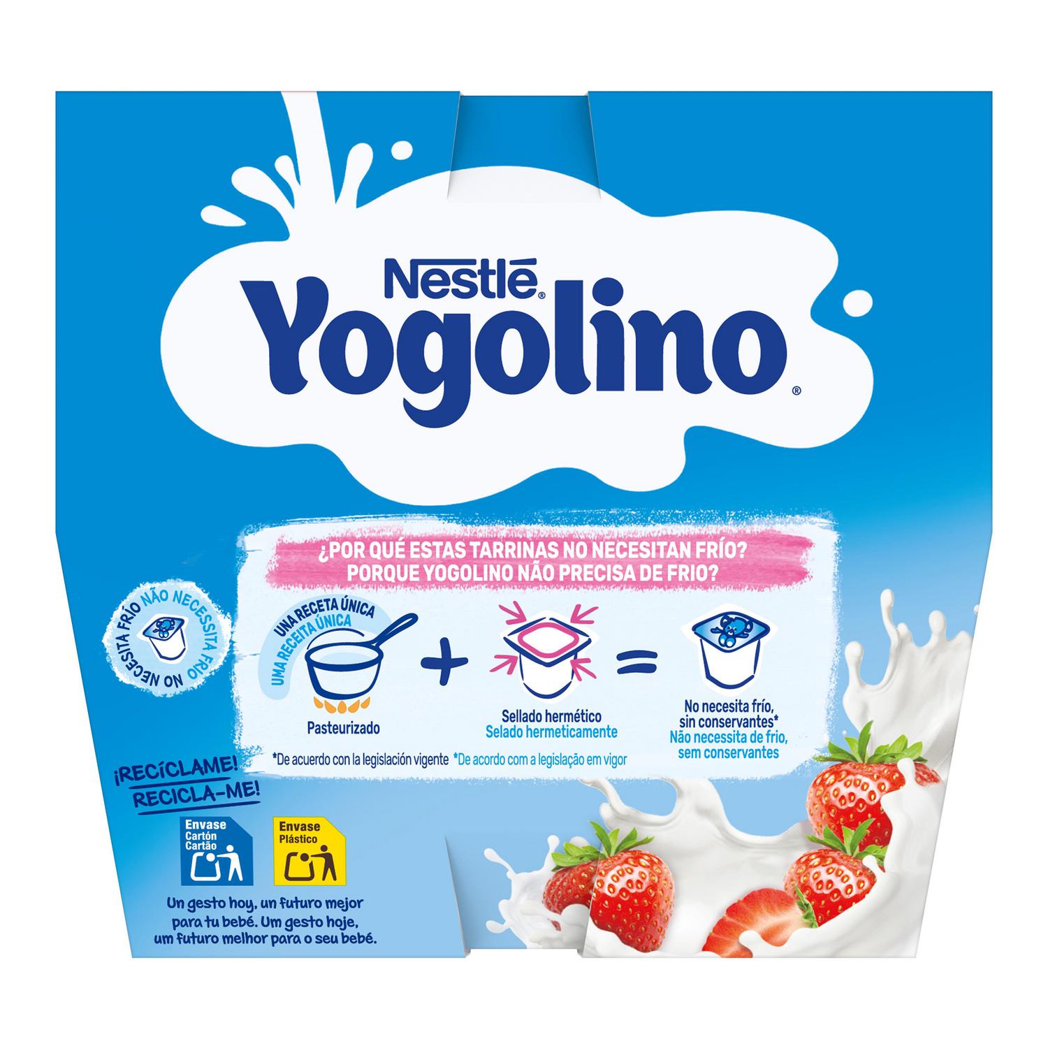 Postre lácteo fresa desde 8 meses Nestlé Yogolino sin gluten pack de 8 unidades de 100 g.