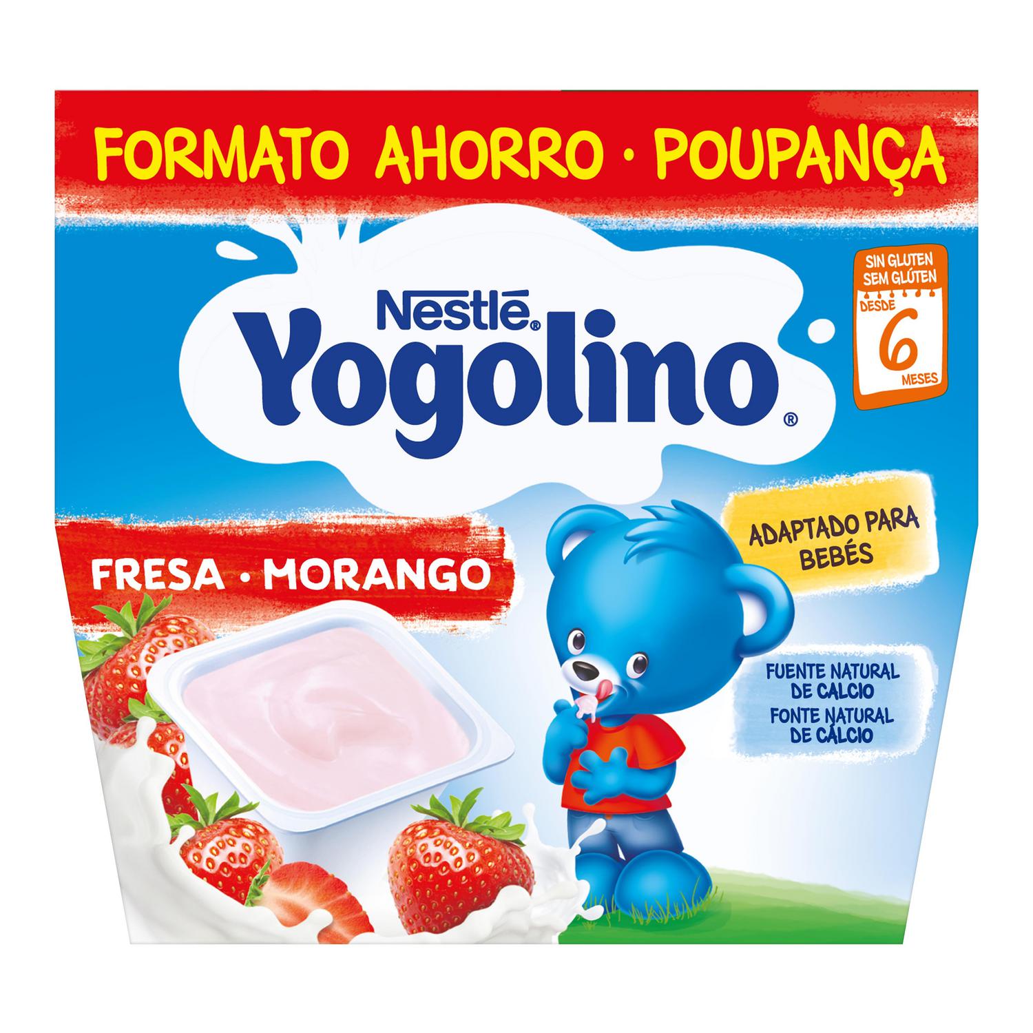 Postre lácteo fresa desde 8 meses Nestlé Yogolino sin gluten pack de 8 unidades de 100 g.