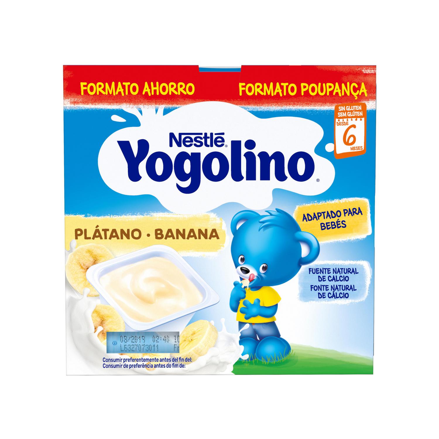 Postre lácteo de plátano desde 6 meses Nestlé Yogolino sin gluten pack de 8 unidades de 100 g.