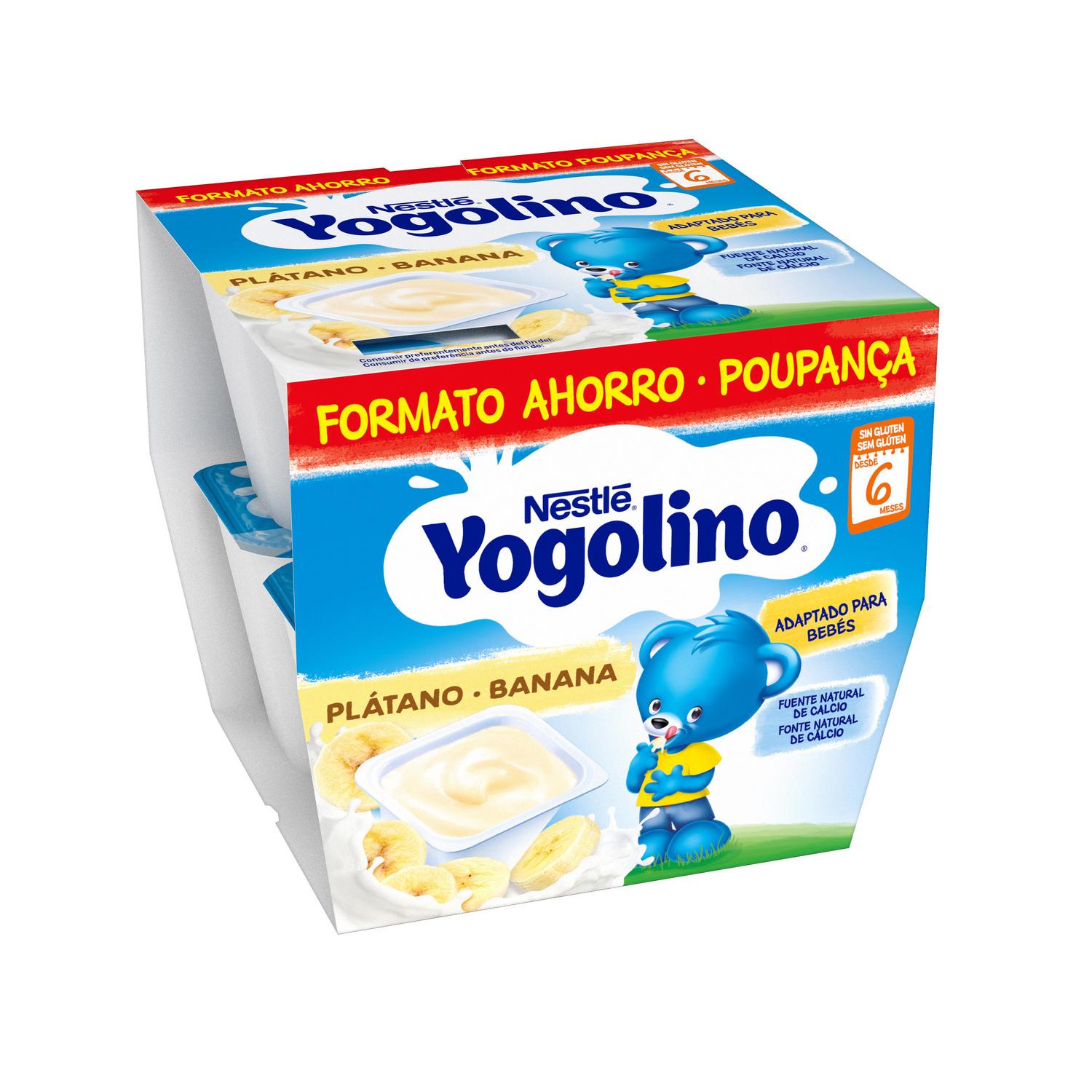 Postre lácteo de plátano desde 6 meses Nestlé Yogolino sin gluten pack de 8 unidades de 100 g.