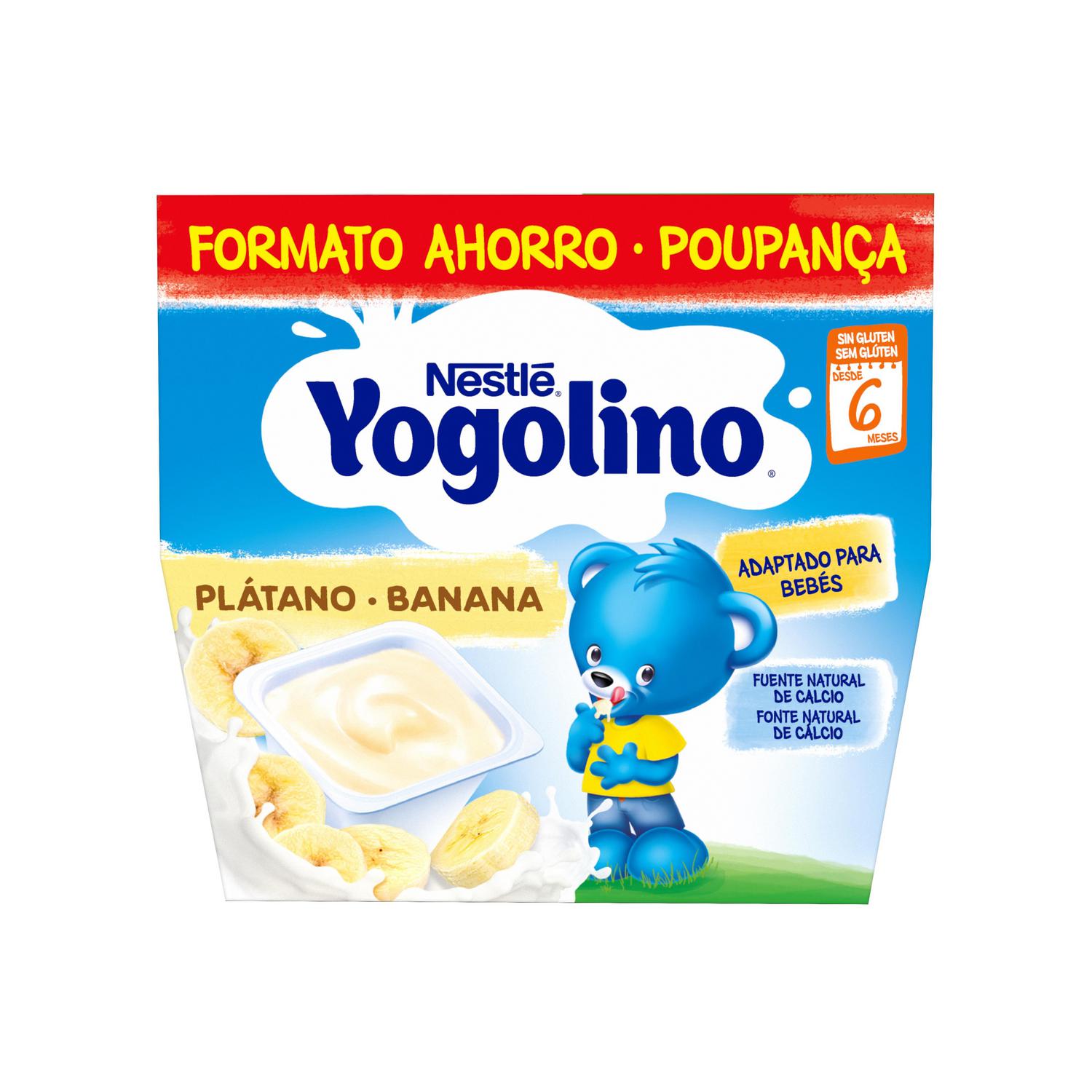 Postre lácteo de plátano desde 6 meses Nestlé Yogolino sin gluten pack de 8 unidades de 100 g.