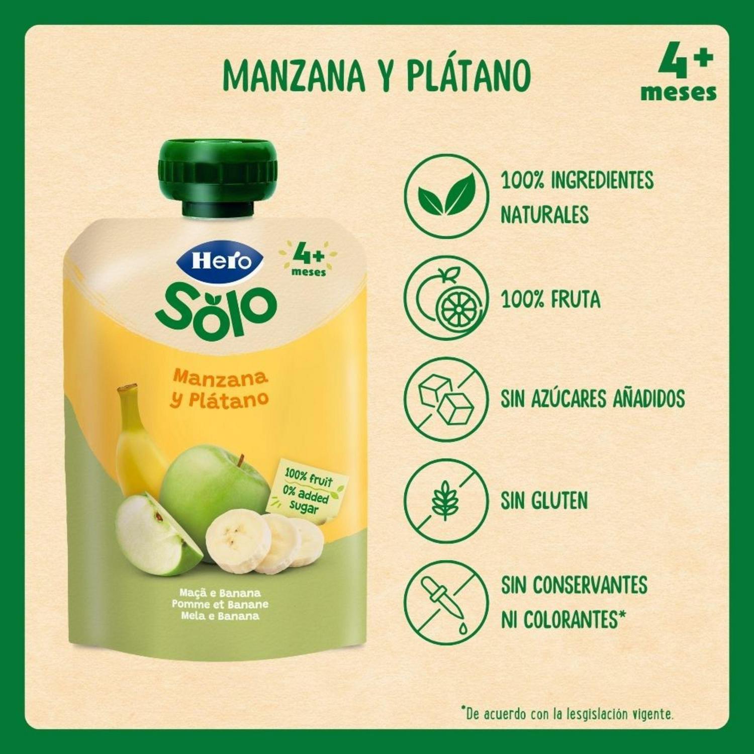 Bolsita de manzana y plátano desde 4 meses Hero Solo sin gluten y sin azúcares añadidos 100 g.